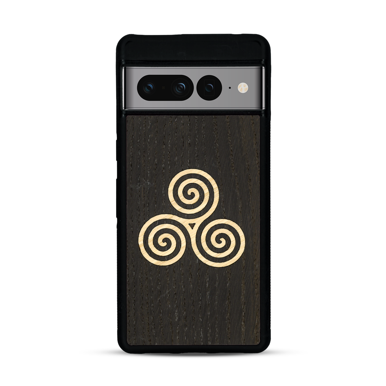Coque de protection en bois véritable fabriquée en France pour  alliant du chêne fumé et du bambou et doré représentant un triskell