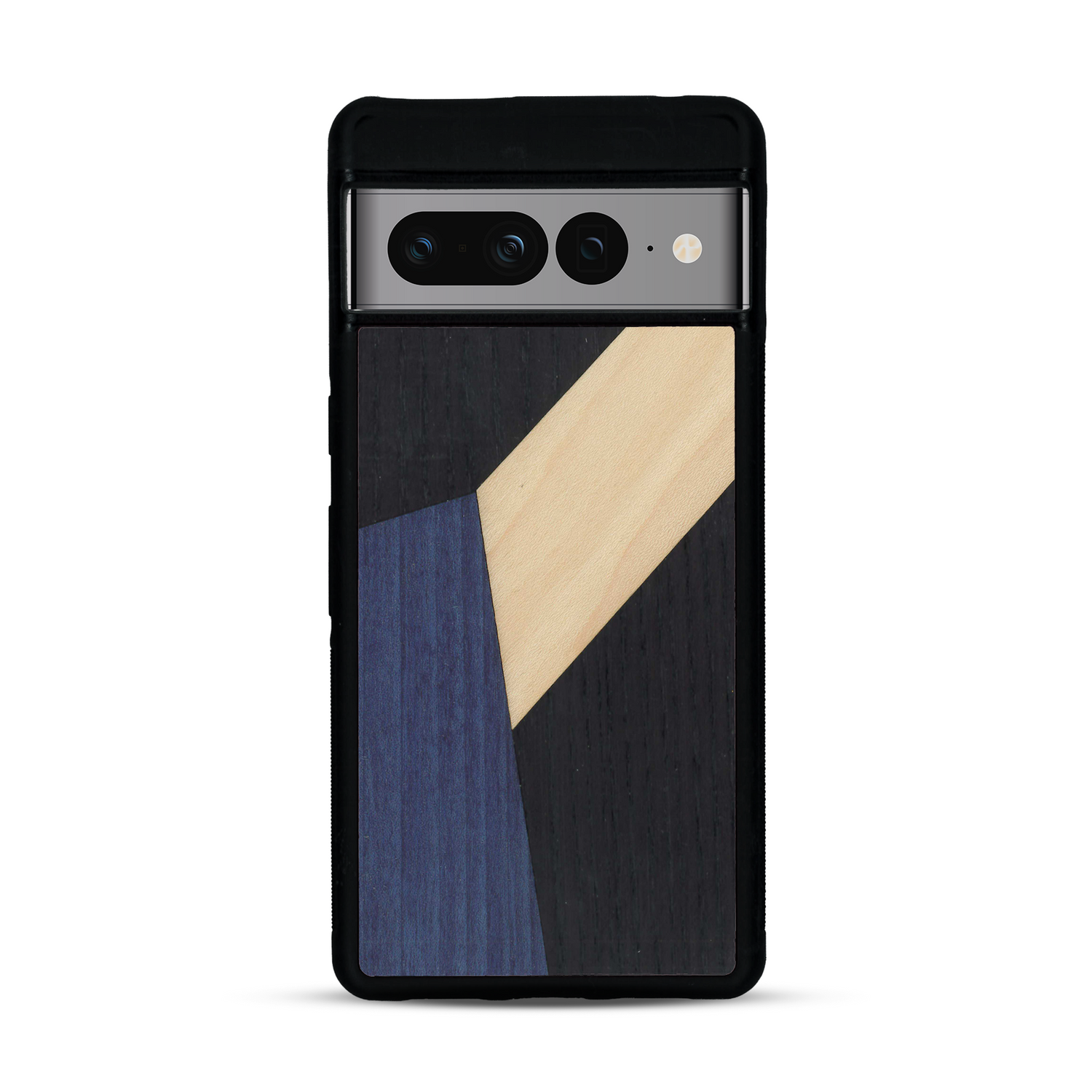 Coque de protection en bois véritable fabriquée en France pour  alliant du bambou, du tulipier bleu et noir en forme de mosaïque minimaliste sur le thème de l'art abstrait