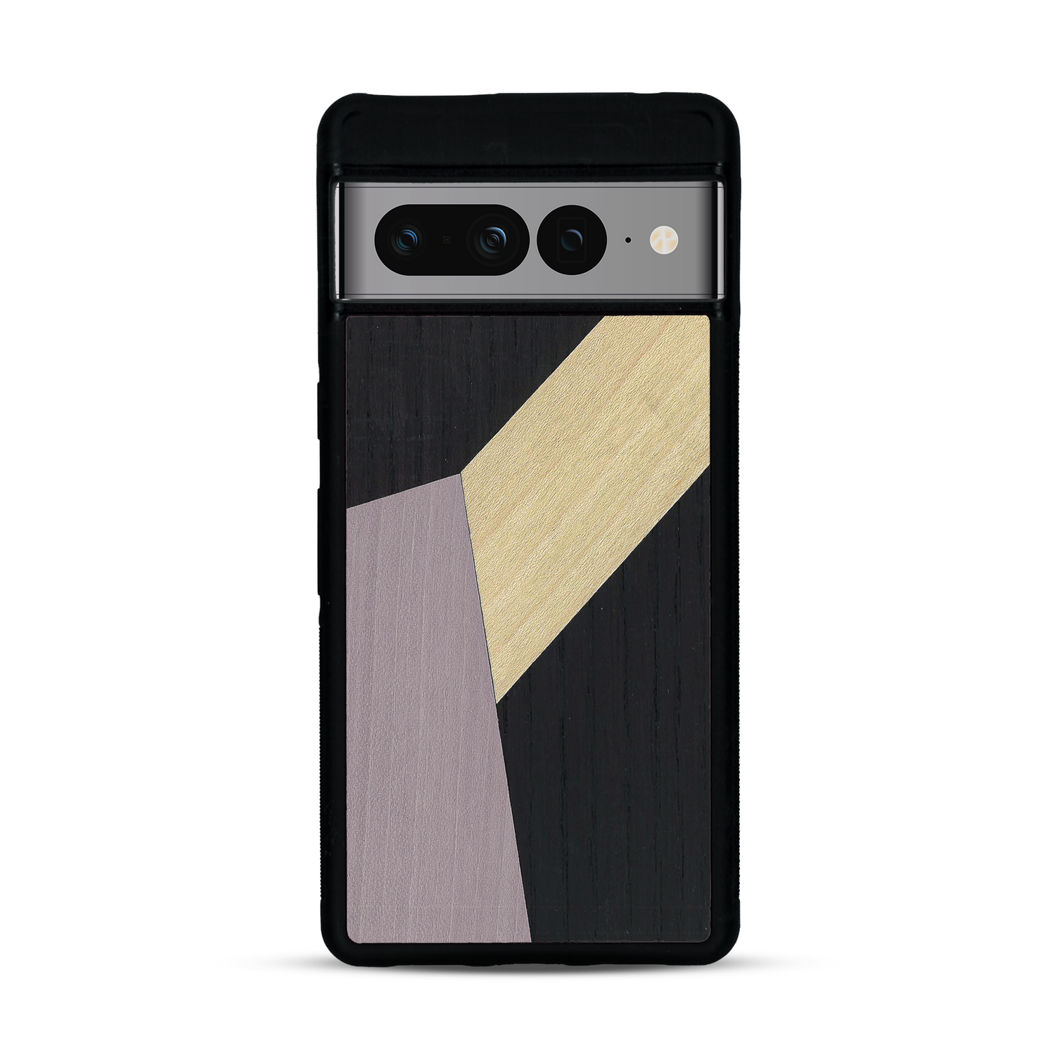 Coque de protection en bois véritable fabriquée en France pour  alliant du bambou, du tulipier mauve et noir en forme de mosaïque minimaliste sur le thème de l'art abstrait