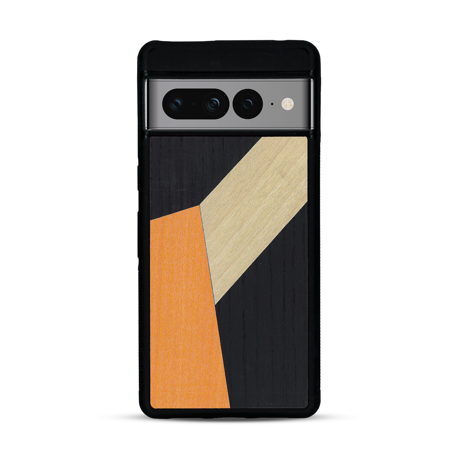 Coque de protection en bois véritable fabriquée en France pour  alliant du bambou, du tulipier orange et noir en forme de mosaïque minimaliste sur le thème de l'art abstrait