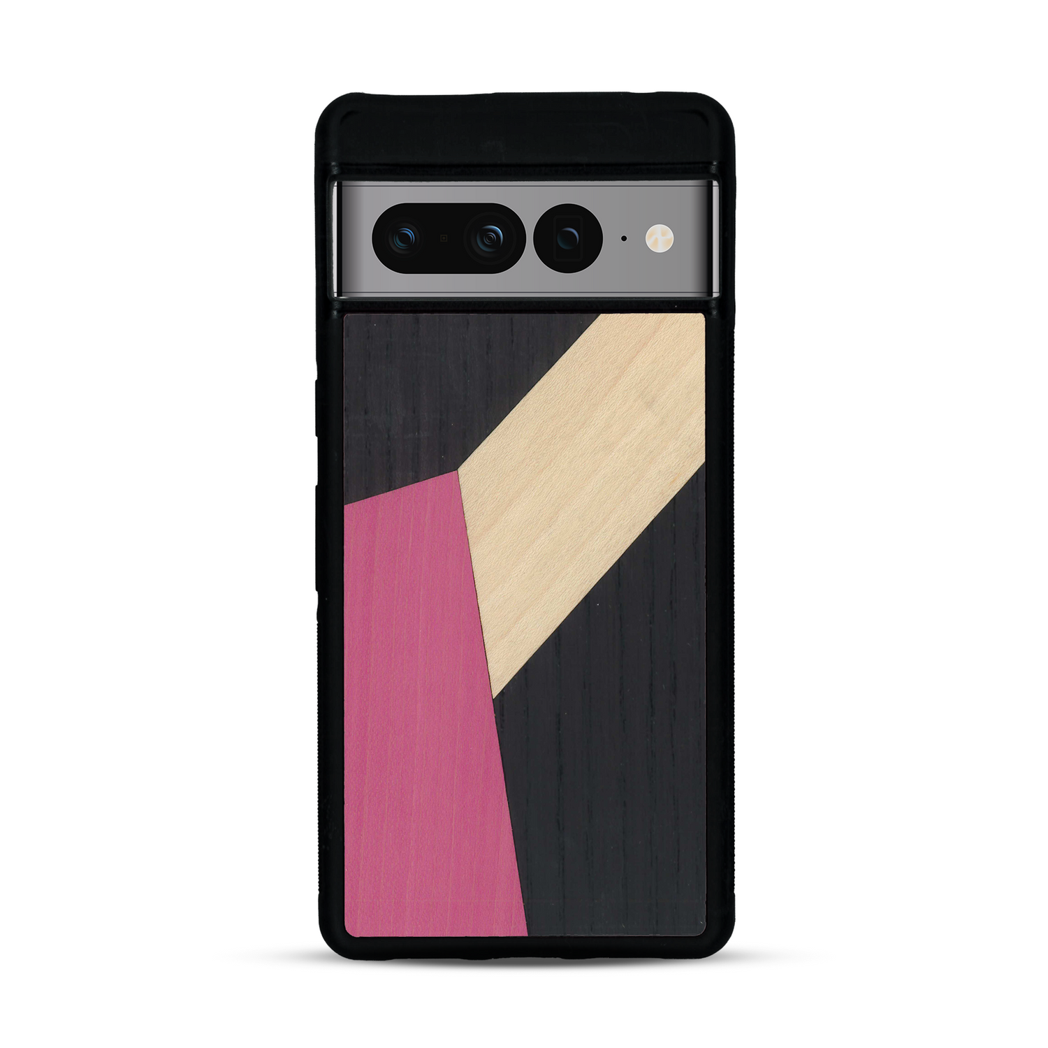 Coque de protection en bois véritable fabriquée en France pour  alliant du bambou, du tulipier rose et noir en forme de mosaïque minimaliste sur le thème de l'art abstrait