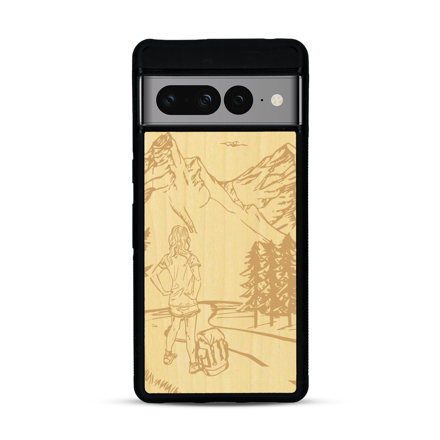 Coque de protection en bois véritable fabriquée en France pour  sur le thème de la randonnée en montagne et de l'aventure avec une gravure représentant une femme de dos face à un paysage de nature