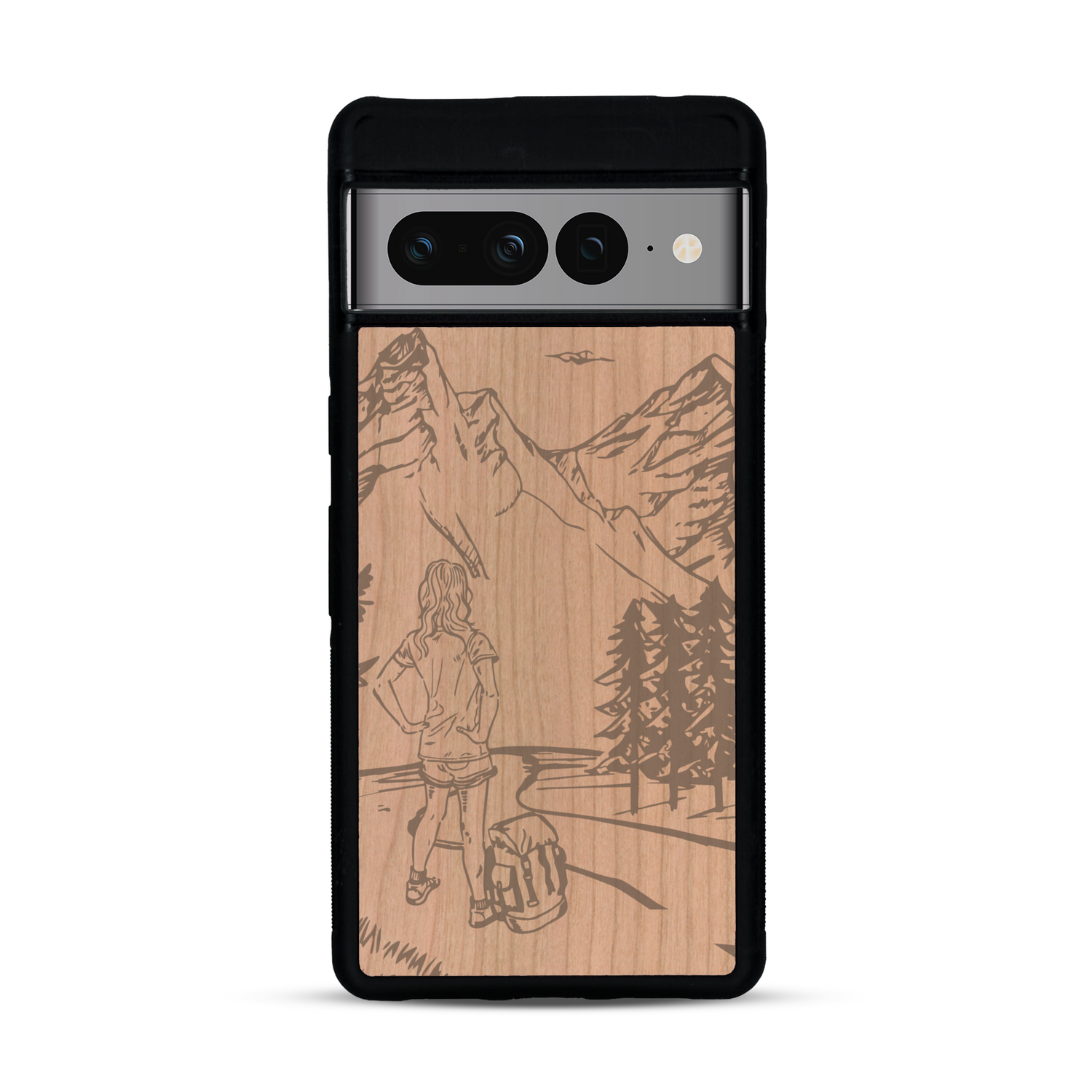 Coque de protection en bois véritable fabriquée en France pour  sur le thème de la randonnée en montagne et de l'aventure avec une gravure représentant une femme de dos face à un paysage de nature