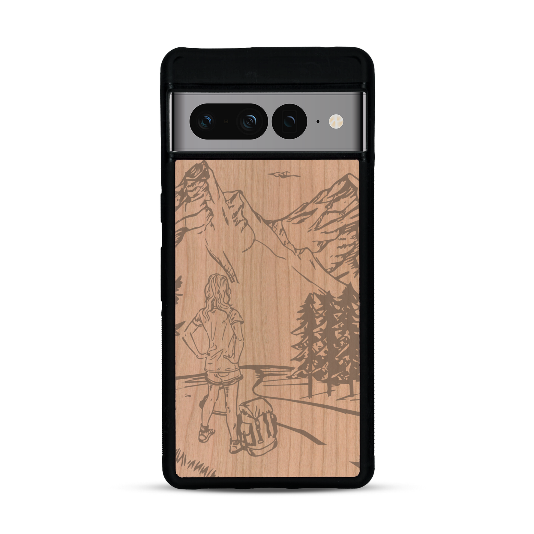 Coque de protection en bois véritable fabriquée en France pour  sur le thème de la randonnée en montagne et de l'aventure avec une gravure représentant une femme de dos face à un paysage de nature