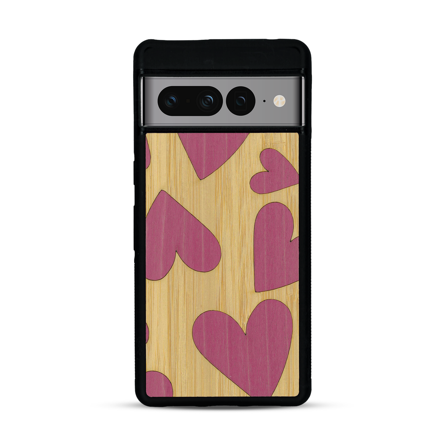 Coque de protection en bois véritable fabriquée en France pour  alliant plusieurs essences de bois pour représenter des coeurs pour les amoureux