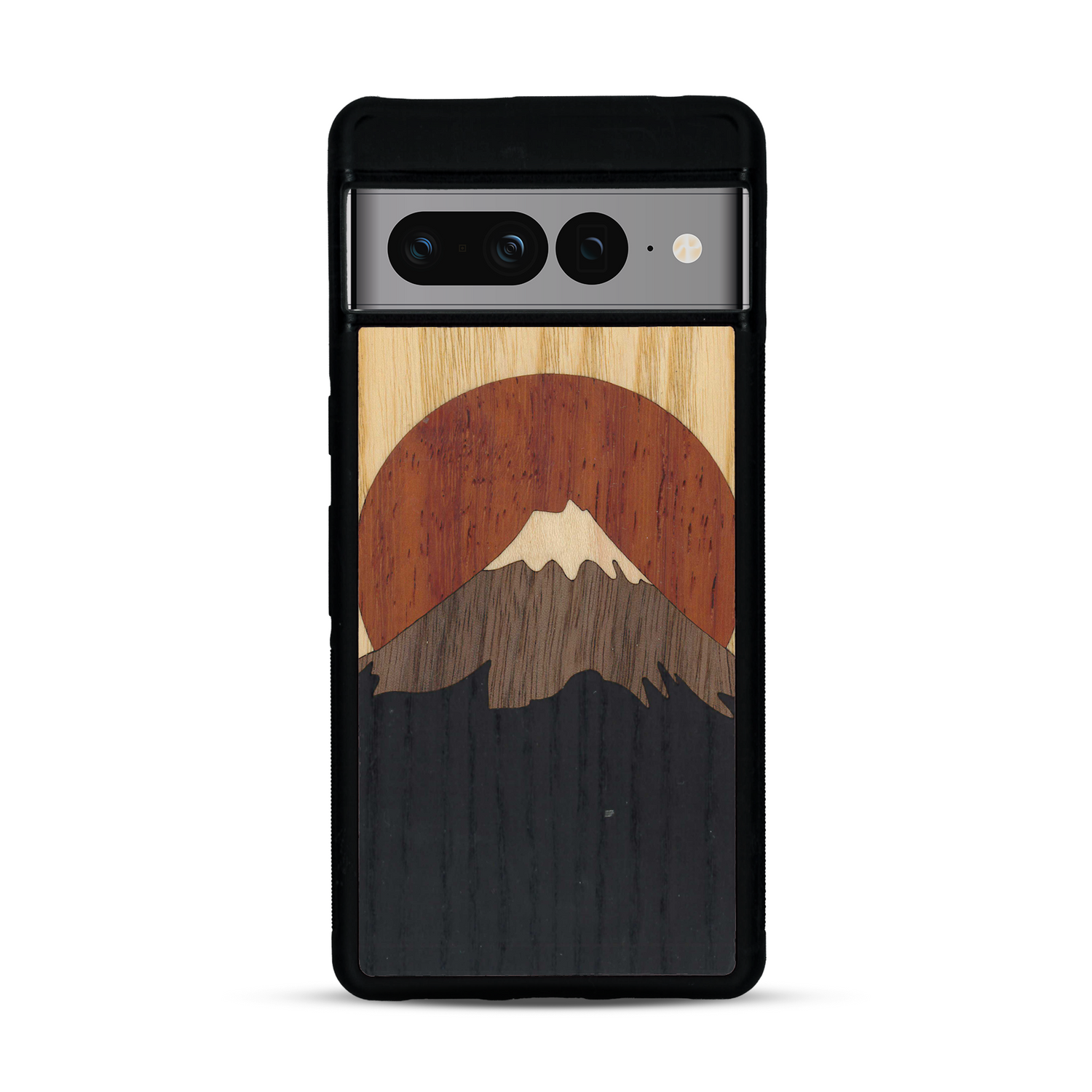 Coque de protection en bois véritable fabriquée en France pour Google Pixel 7pro alliant plusieurs essences de bois pour représenter le mont Fuji