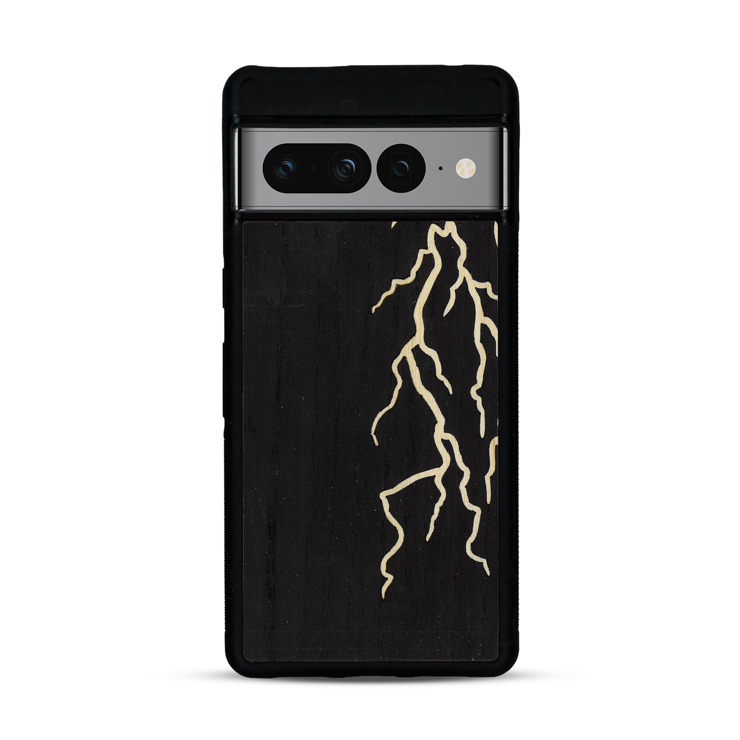 Coque de protection en bois véritable fabriquée en France pour Google Pixel 7pro alliant plusieurs essences de bois pour représenter un éclair divin