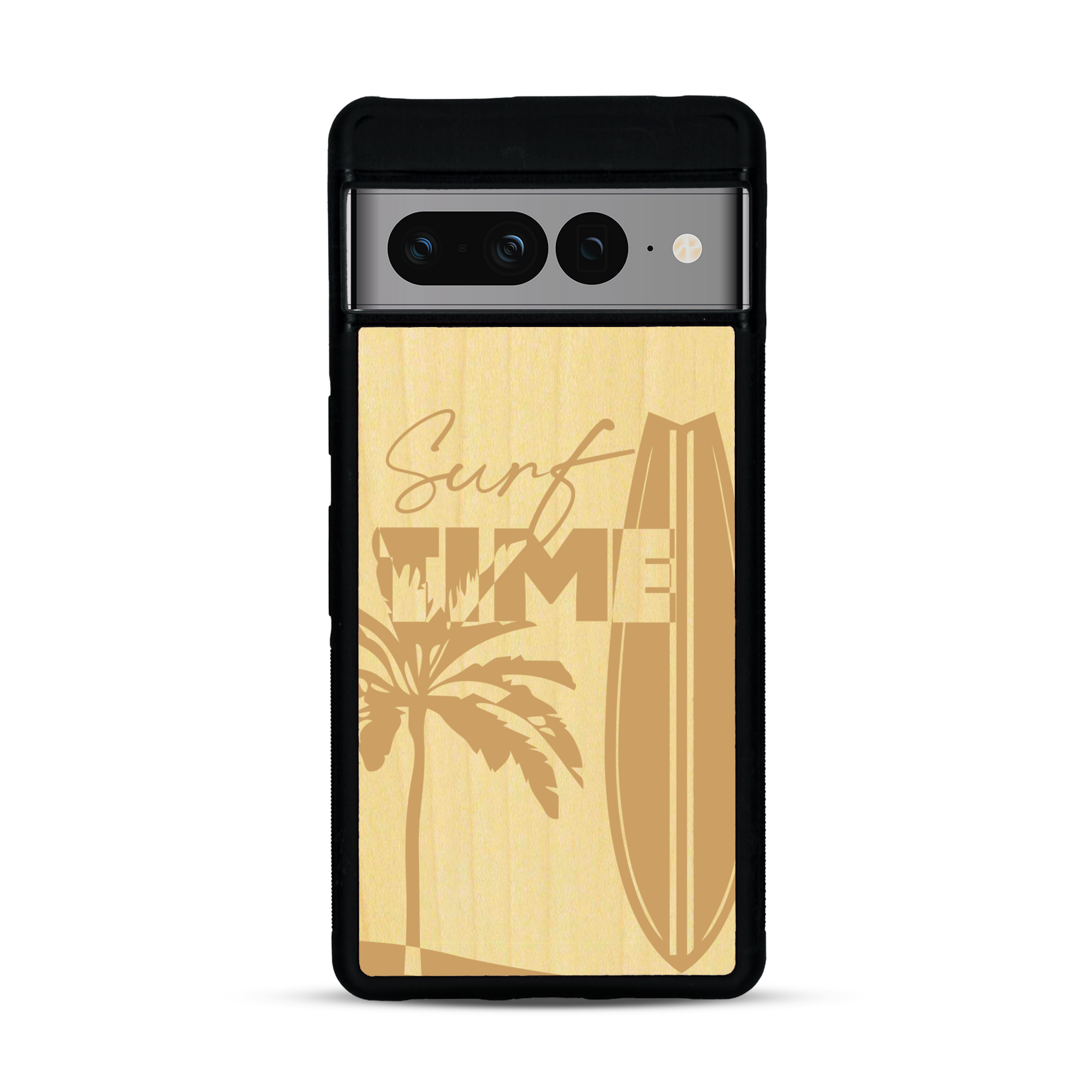 Coque de protection en bois véritable fabriquée en France pour  sur le thème chill avec un motif représentant une silouhette tenant une planche de surf sur une plage entouré de palmiers et les mots "Surf Time Long Beach Miami"