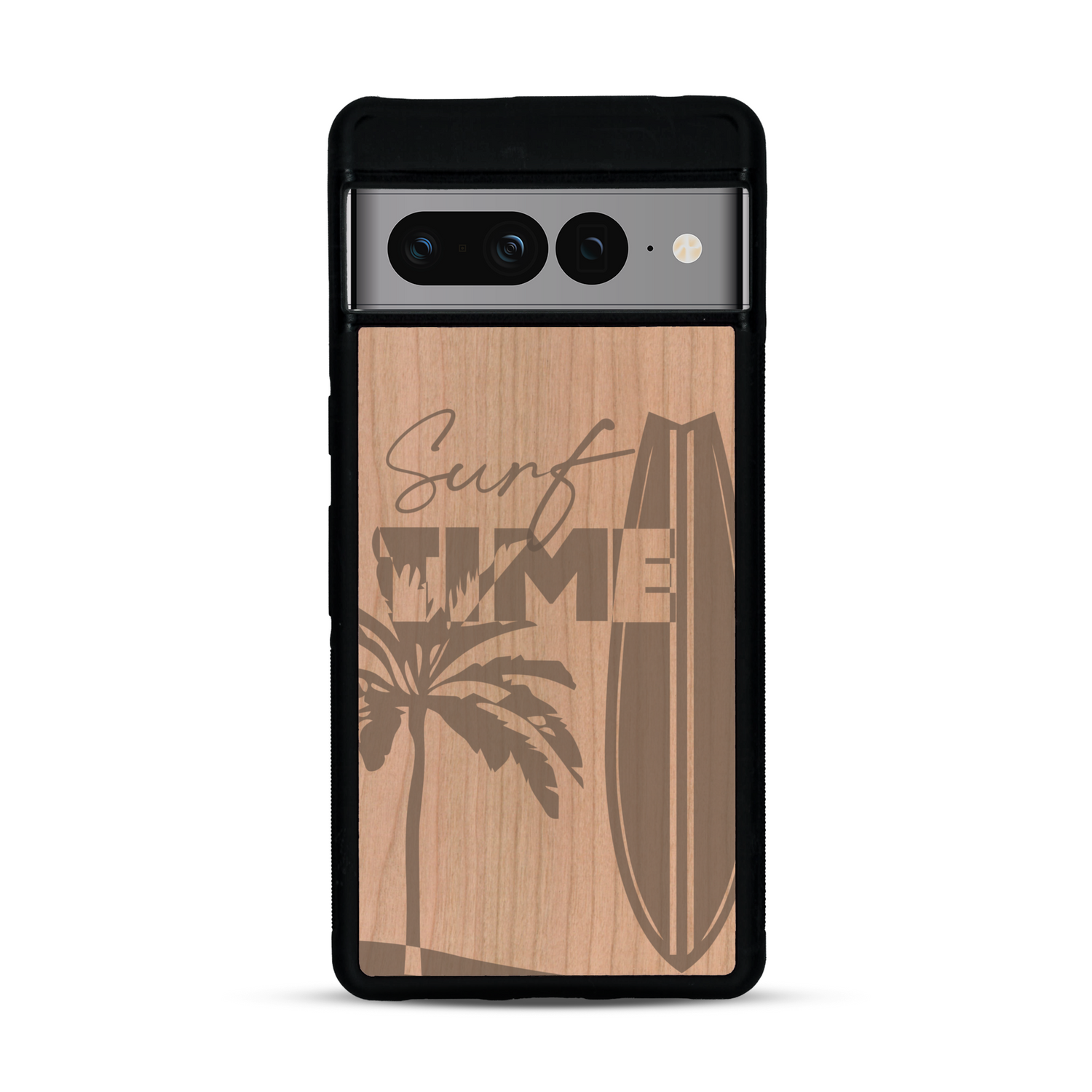 Coque de protection en bois véritable fabriquée en France pour  sur le thème chill avec un motif représentant une silouhette tenant une planche de surf sur une plage entouré de palmiers et les mots "Surf Time Long Beach Miami"