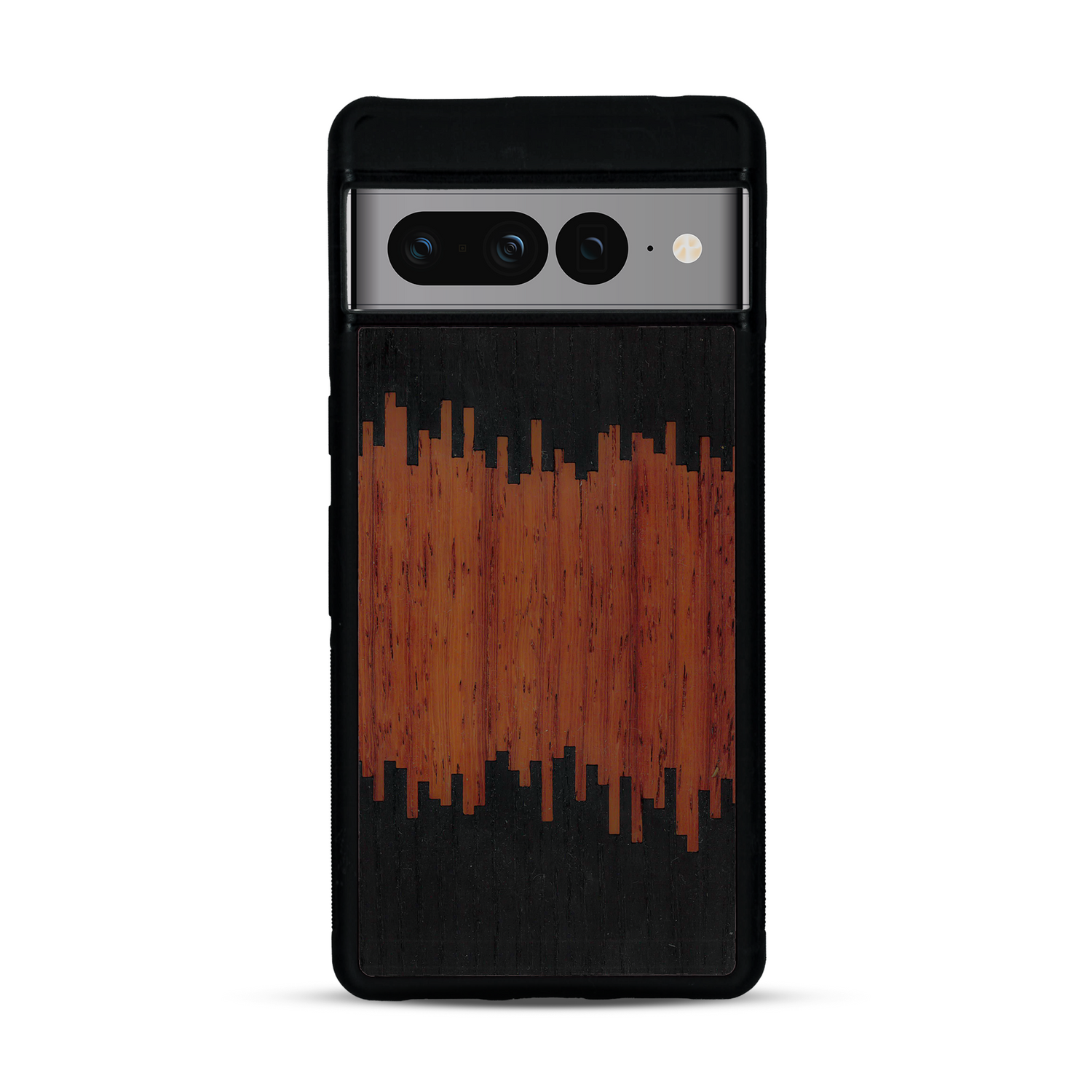 Coque de protection en bois véritable fabriquée en France pour Google Pixel 7pro alliant plusieurs essences de bois pour représenter du magma en fusion