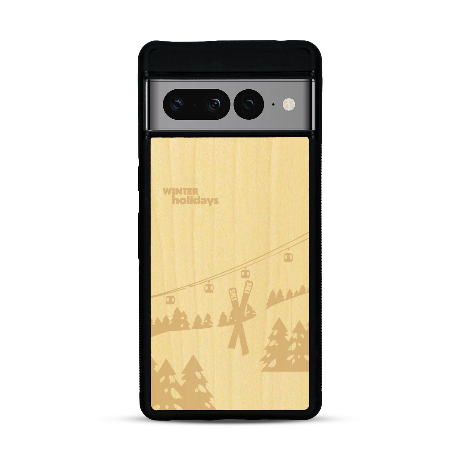 Coque de protection en bois véritable fabriquée en France pour  sur le thème de la montagne, du ski et de la neige avec un motif représentant une paire de ski plantée dans la neige avec en fond des montagnes enneigées