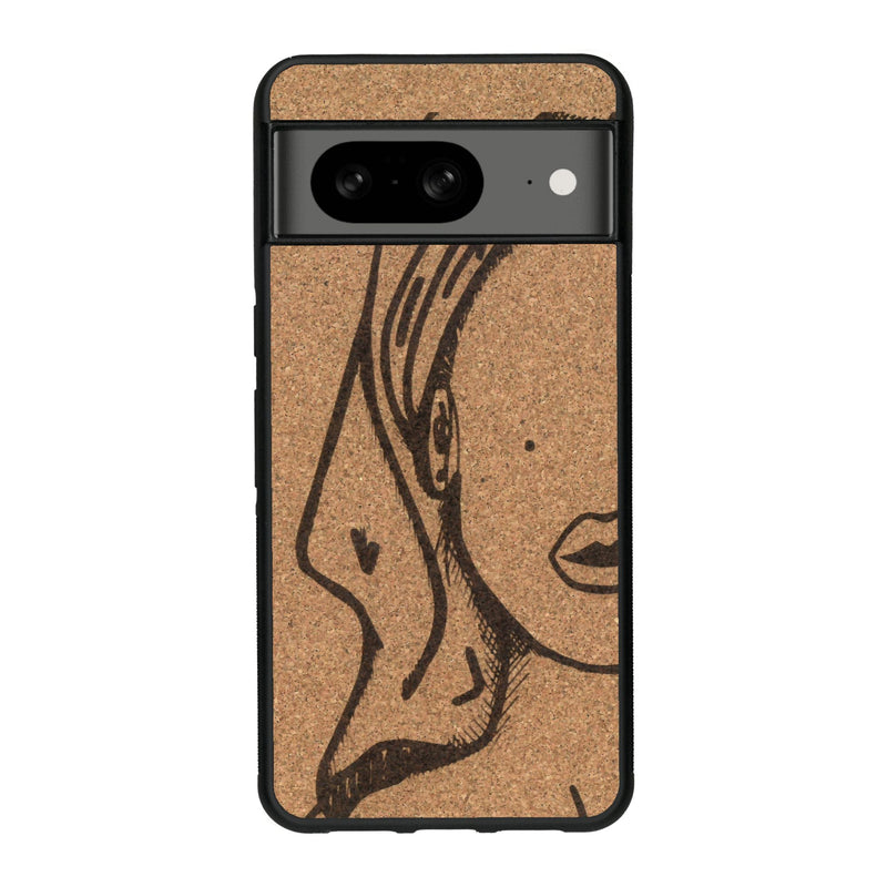 Coque de protection en bois véritable fabriquée en France pour Google Pixel 8 représentant une silhouette féminine épurée de type line art en collaboration avec l'artiste Maud Dabs