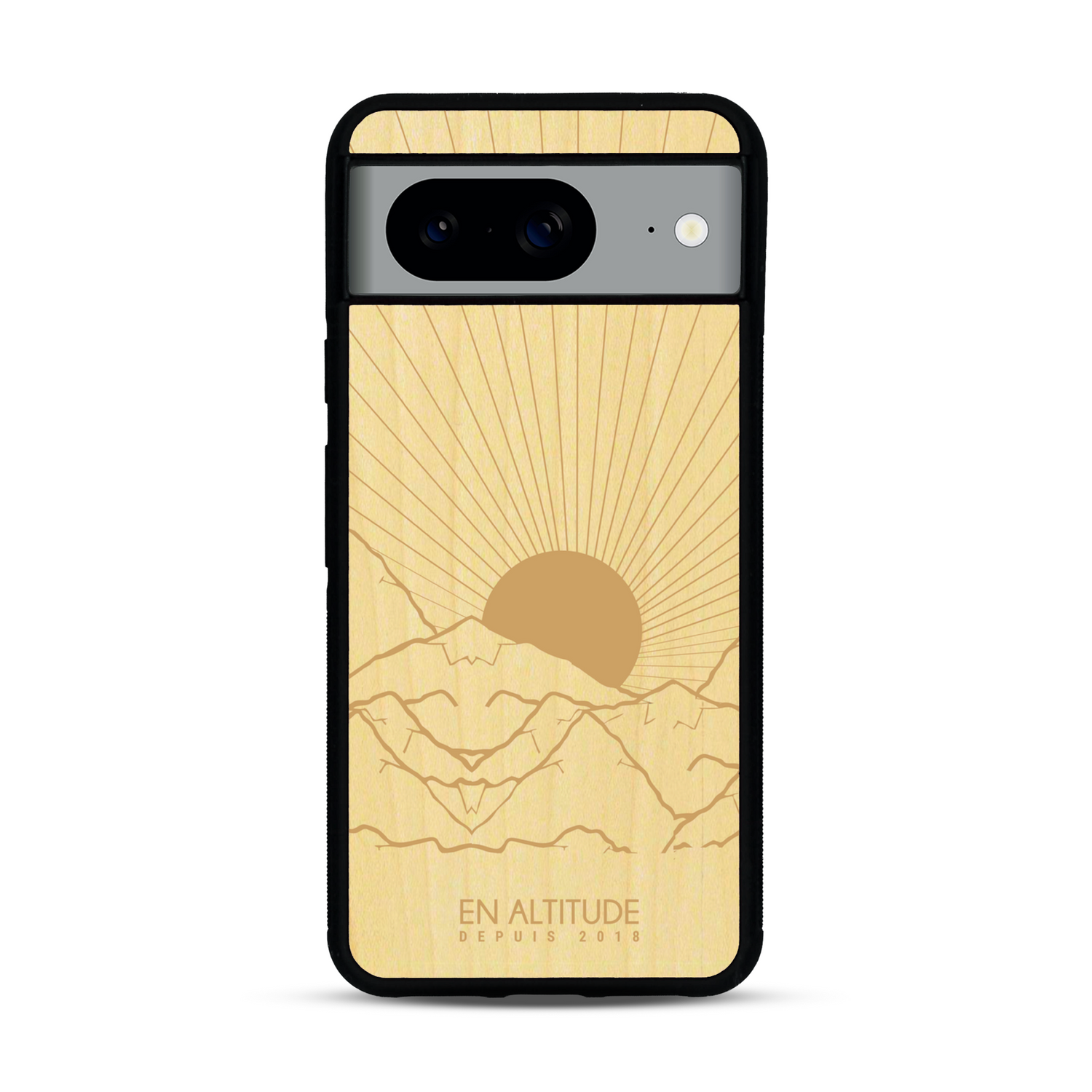 Coque de protection en bois véritable fabriquée en France pour  représentant des montagnes, sur le thème de la randonnée en pleine nature et du trail