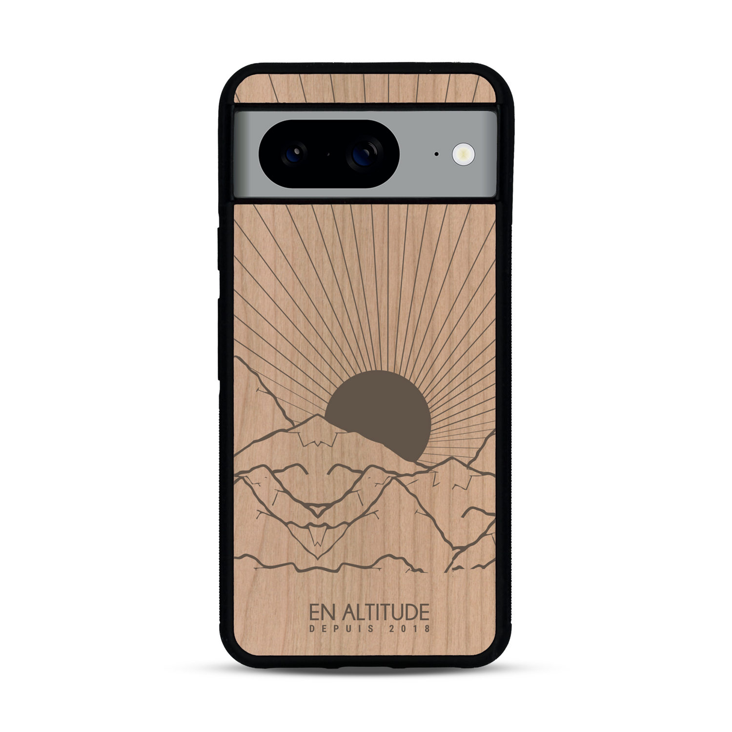 Coque de protection en bois véritable fabriquée en France pour  représentant des montagnes, sur le thème de la randonnée en pleine nature et du trail