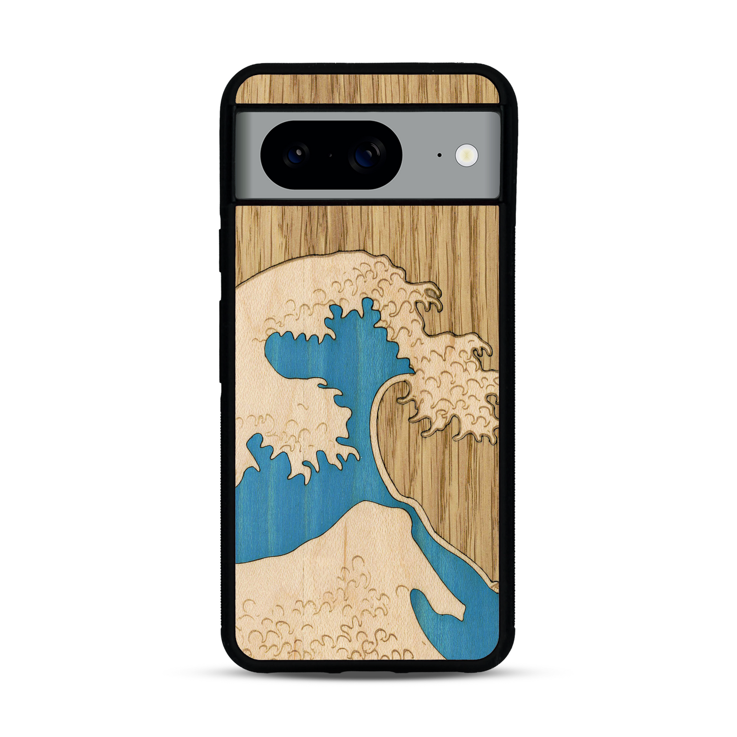 Coque de protection en bois véritable fabriquée en France pour  alliant plusieurs essences de bois pour représenter la célèbre grande vague de Kanagawa