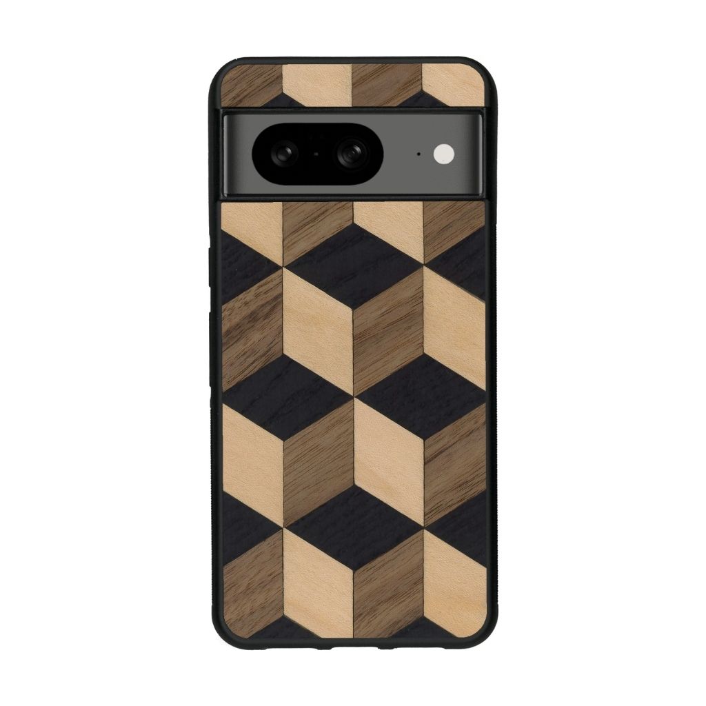 Coque de protection en bois véritable fabriquée en France pour Google Pixel 8 alliant plusieurs essences de bois pour représenter un classique intemporel de la marqueterie