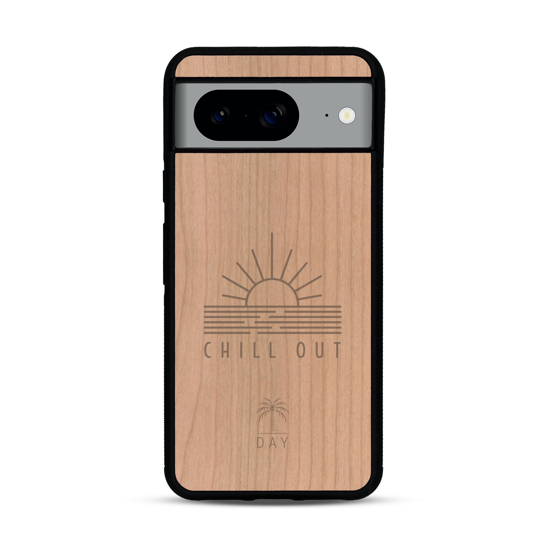 Coque de protection en bois véritable fabriquée en France pour  sur le thème chill avec un motif représentant un couché de soleil sur l'océan et la phrase "Chill out"