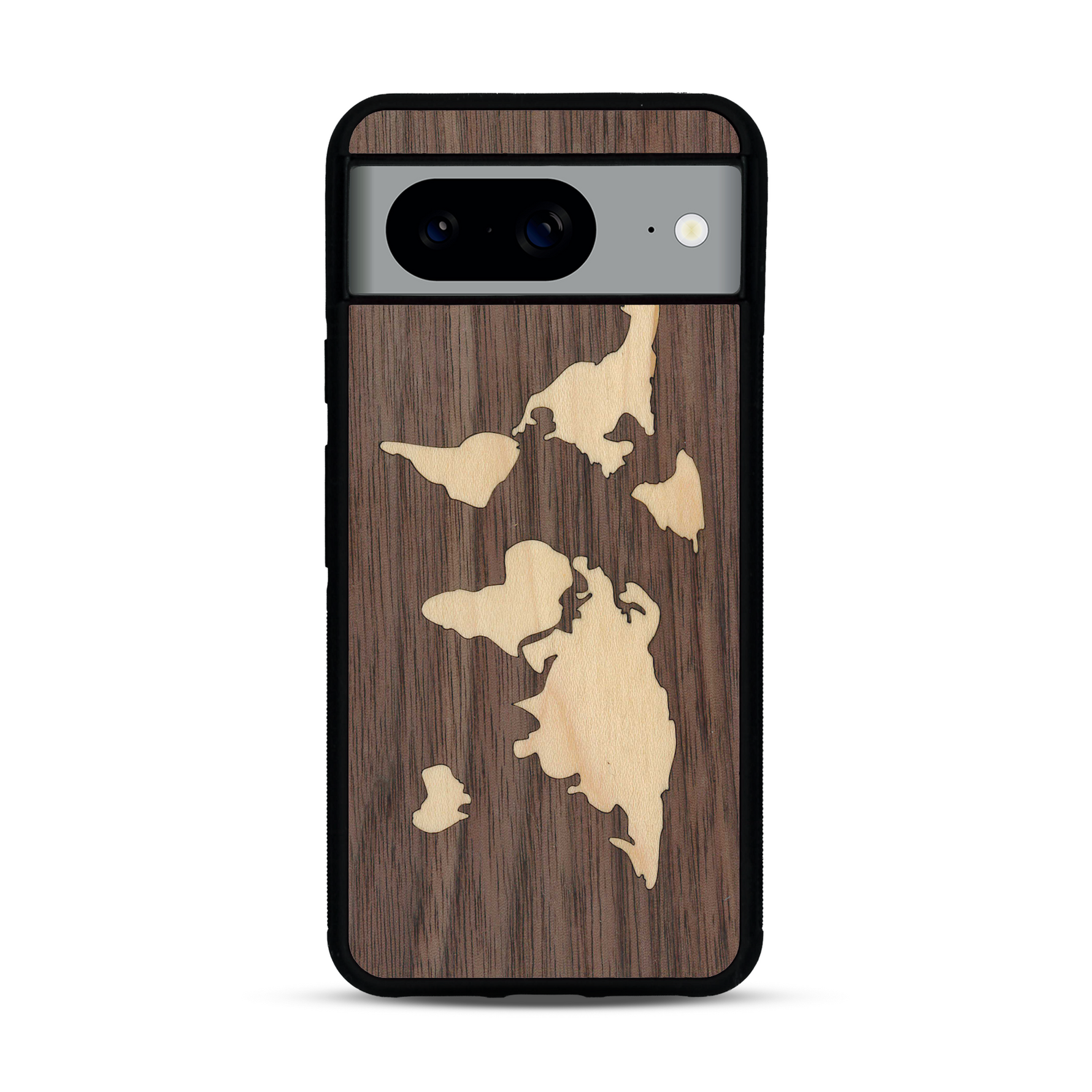 Coque de protection en bois véritable fabriquée en France pour  alliant du bambou et du noyer sur le thème du voyage et de l'aventure représentant une mappemonde