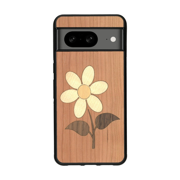 Coque de protection en bois véritable fabriquée en France pour Google Pixel 8 alliant plusieurs essences de bois pour représenter une marguerite