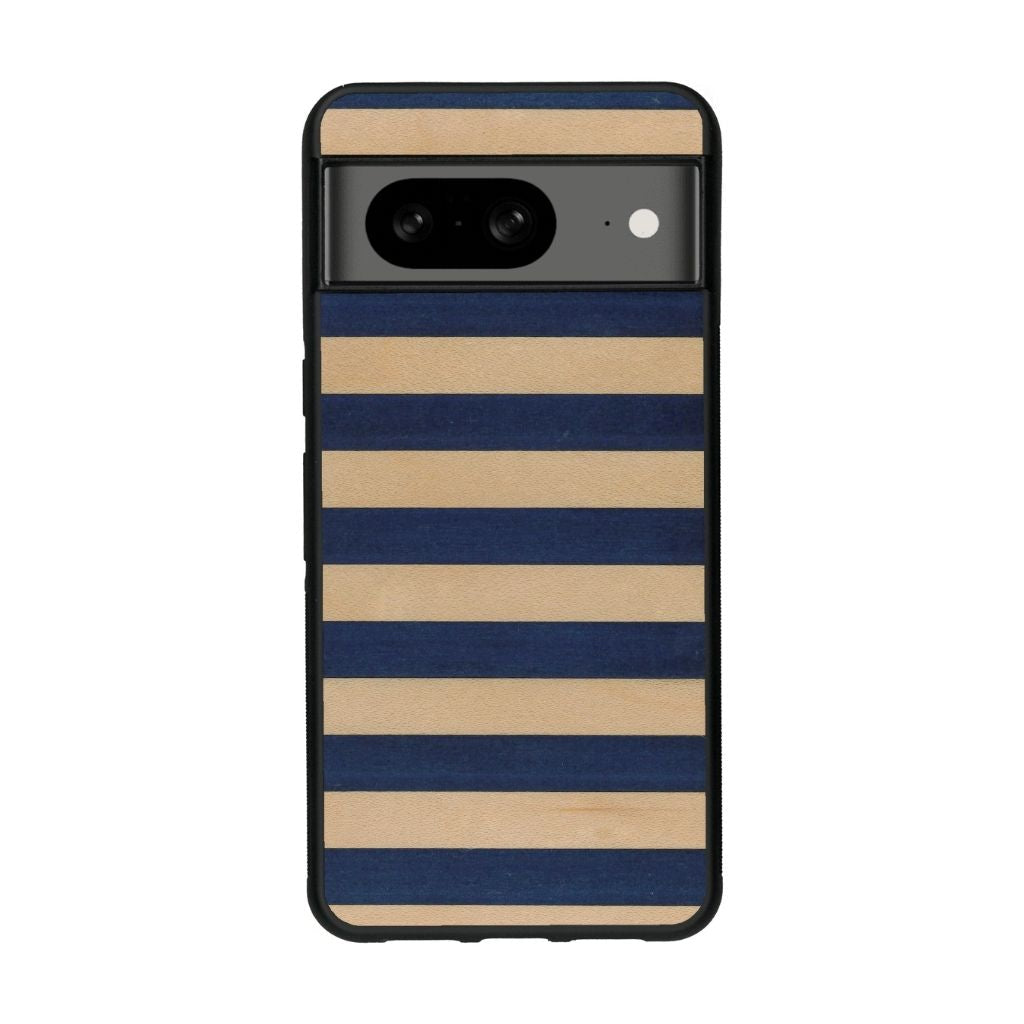 Coque de protection en bois véritable fabriquée en France pour Google Pixel 8 alliant plusieurs essences de bois pour représenter une marinière