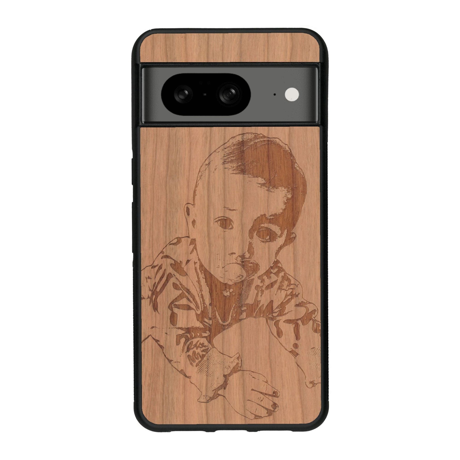 Coque de protection en bois véritable fabriquée en France pour Google Pixel 8 avec gravure personnalisée à partir d'une photo, d'une image, d'un logo, des initials ou d'une phrase