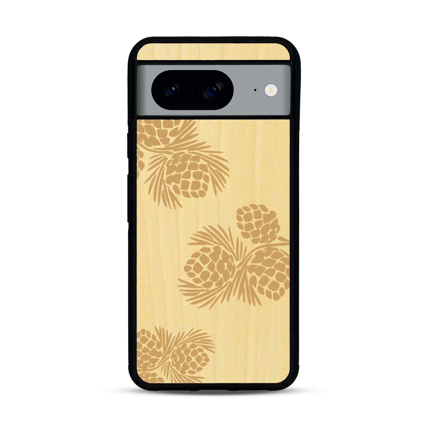 Coque de protection en bois véritable fabriquée en France pour  sur le thème de la nature des arbres avec un motif de gravure représentant des épines de sapin et des pommes de pin