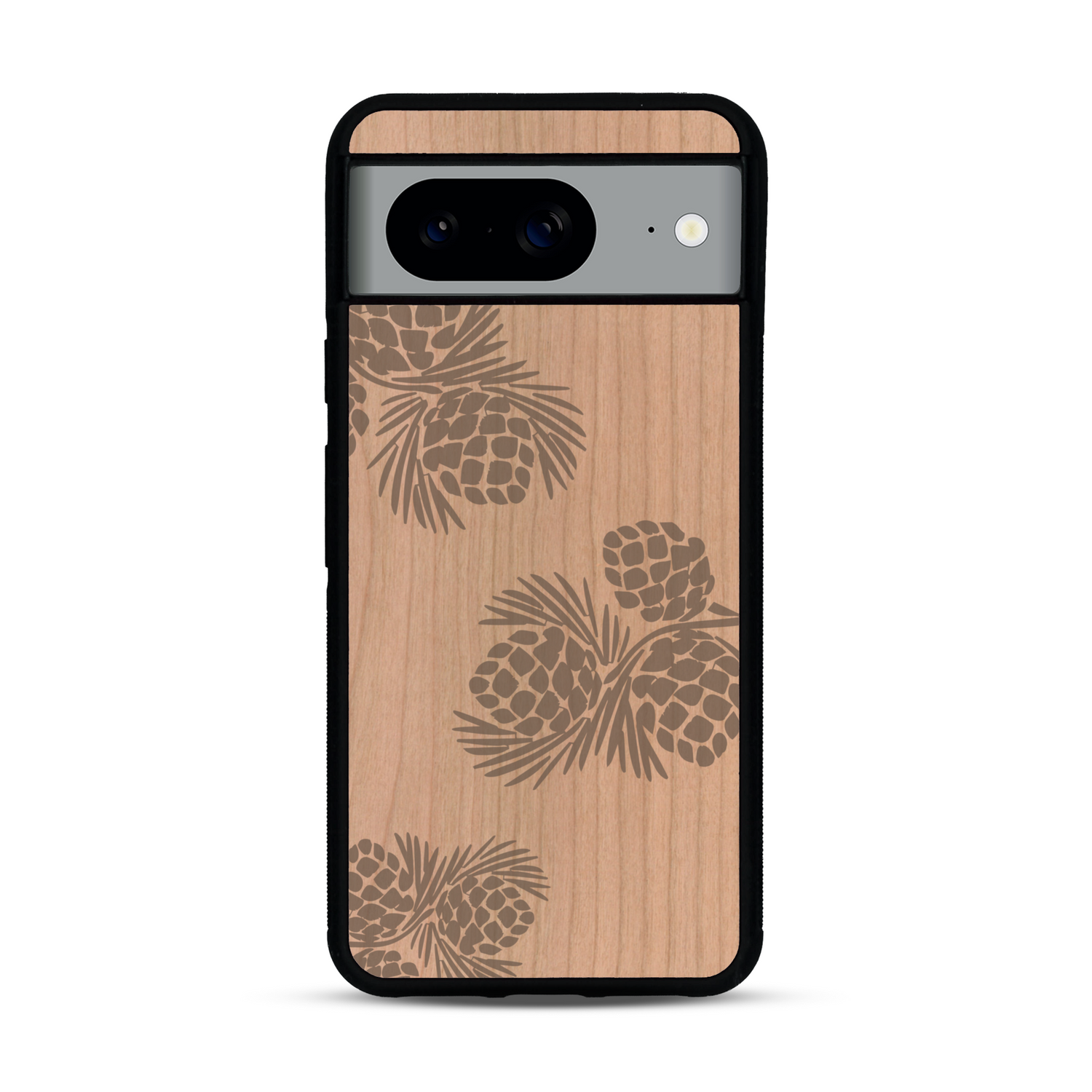 Coque de protection en bois véritable fabriquée en France pour  sur le thème de la nature des arbres avec un motif de gravure représentant des épines de sapin et des pommes de pin