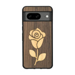 Coque de protection en bois véritable fabriquée en France pour Google Pixel 8 alliant plusieurs essences de bois pour représenter une rose