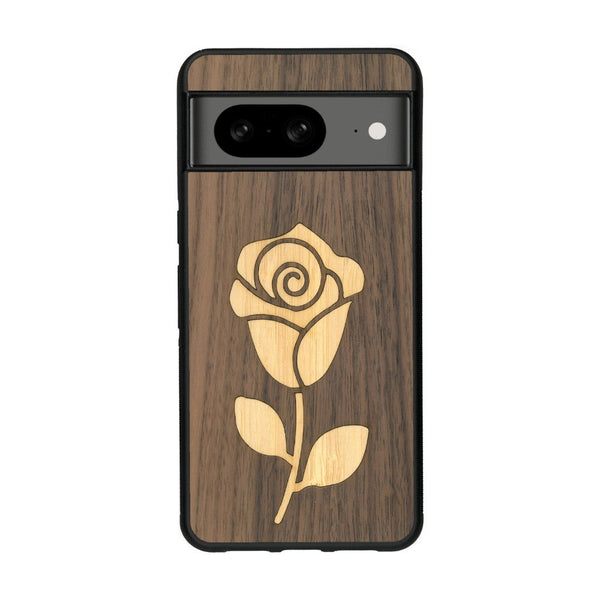 Coque de protection en bois véritable fabriquée en France pour Google Pixel 8 alliant plusieurs essences de bois pour représenter une rose