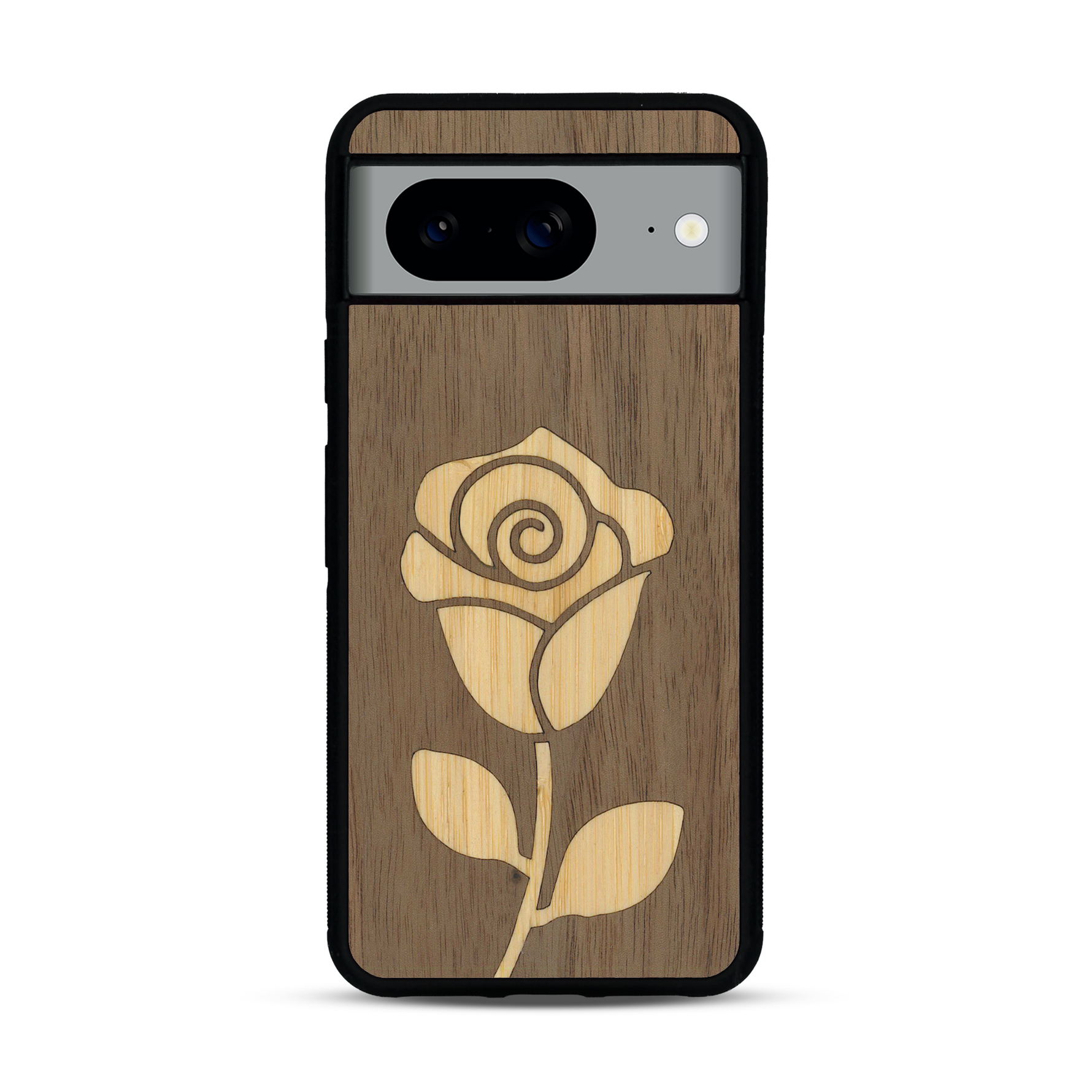 Coque de protection en bois véritable fabriquée en France pour  alliant plusieurs essences de bois pour représenter une rose