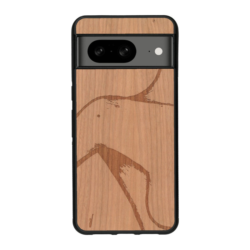 Coque de protection en bois véritable fabriquée en France pour Google Pixel 8 représentant une silhouette féminine dessinée à la main par l'artiste Maud Dabs