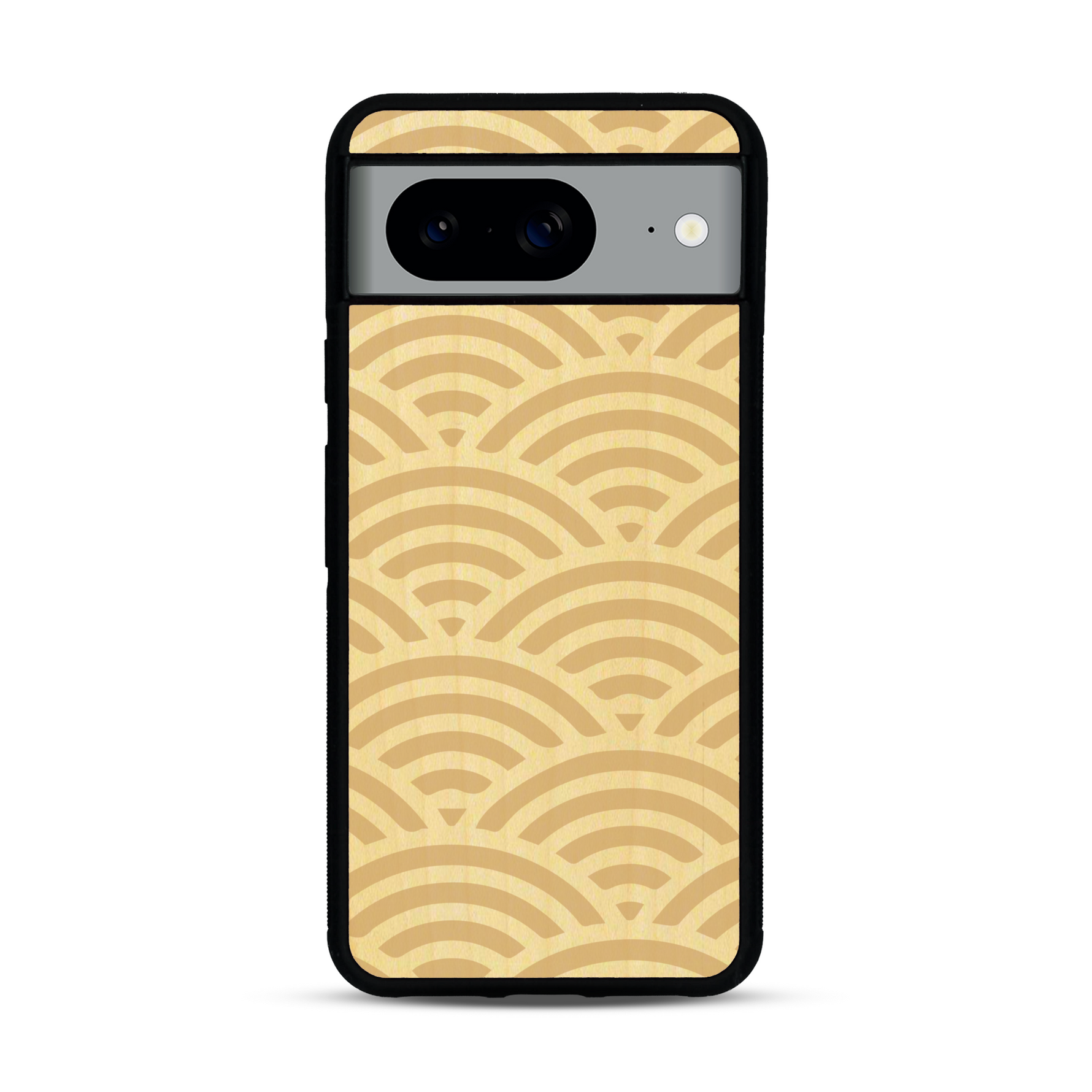 Coque de protection en bois véritable fabriquée en France pour  baptisée "La Sinjak" avec un motif de gravure abstrait représentant la répétition d'un symbole wifi