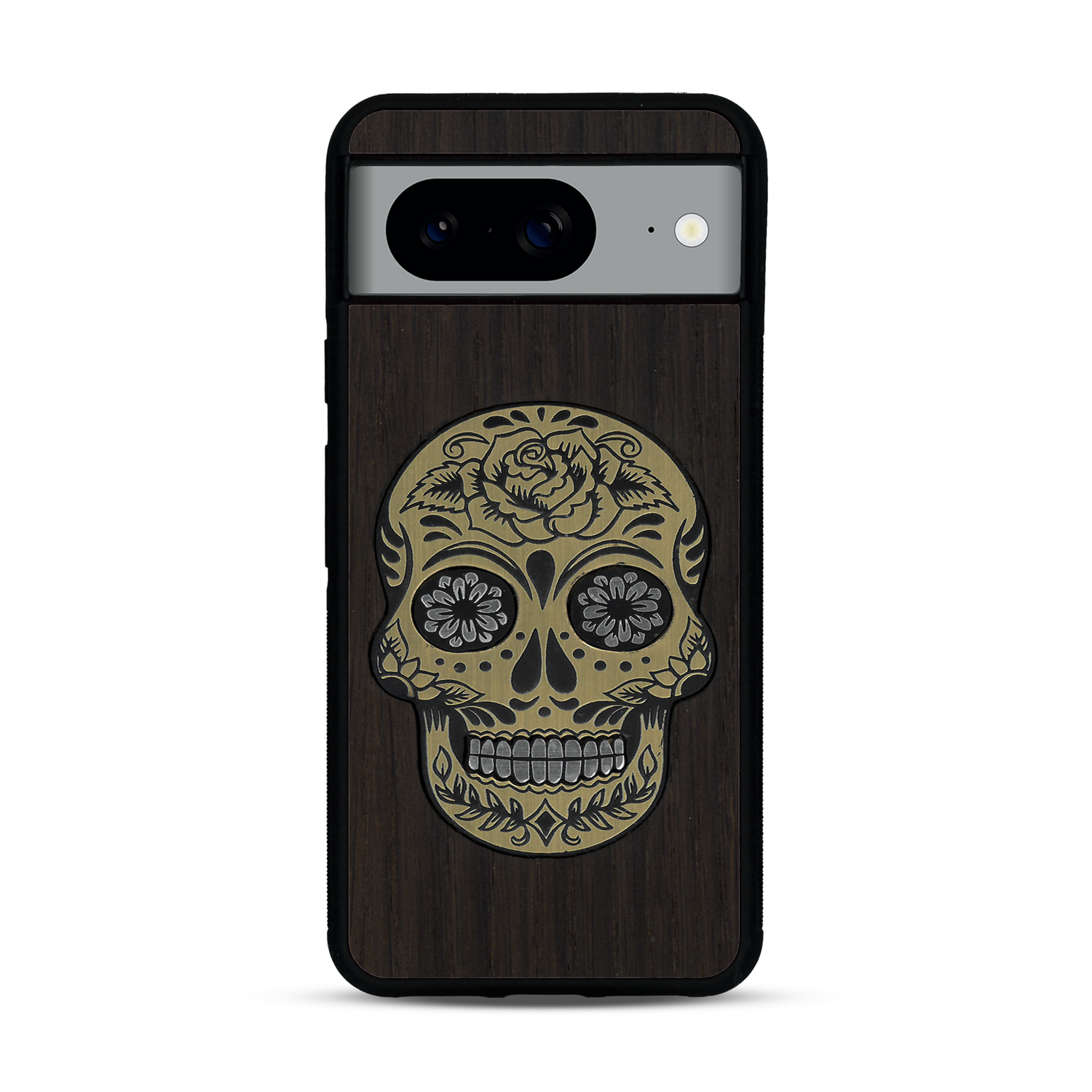 Coque de protection en bois véritable fabriquée en France pour  alliant du chêne fumé avec du métal argenté et doré représentant une tête de mort mexicaine sur le thème Dia de los Muertos