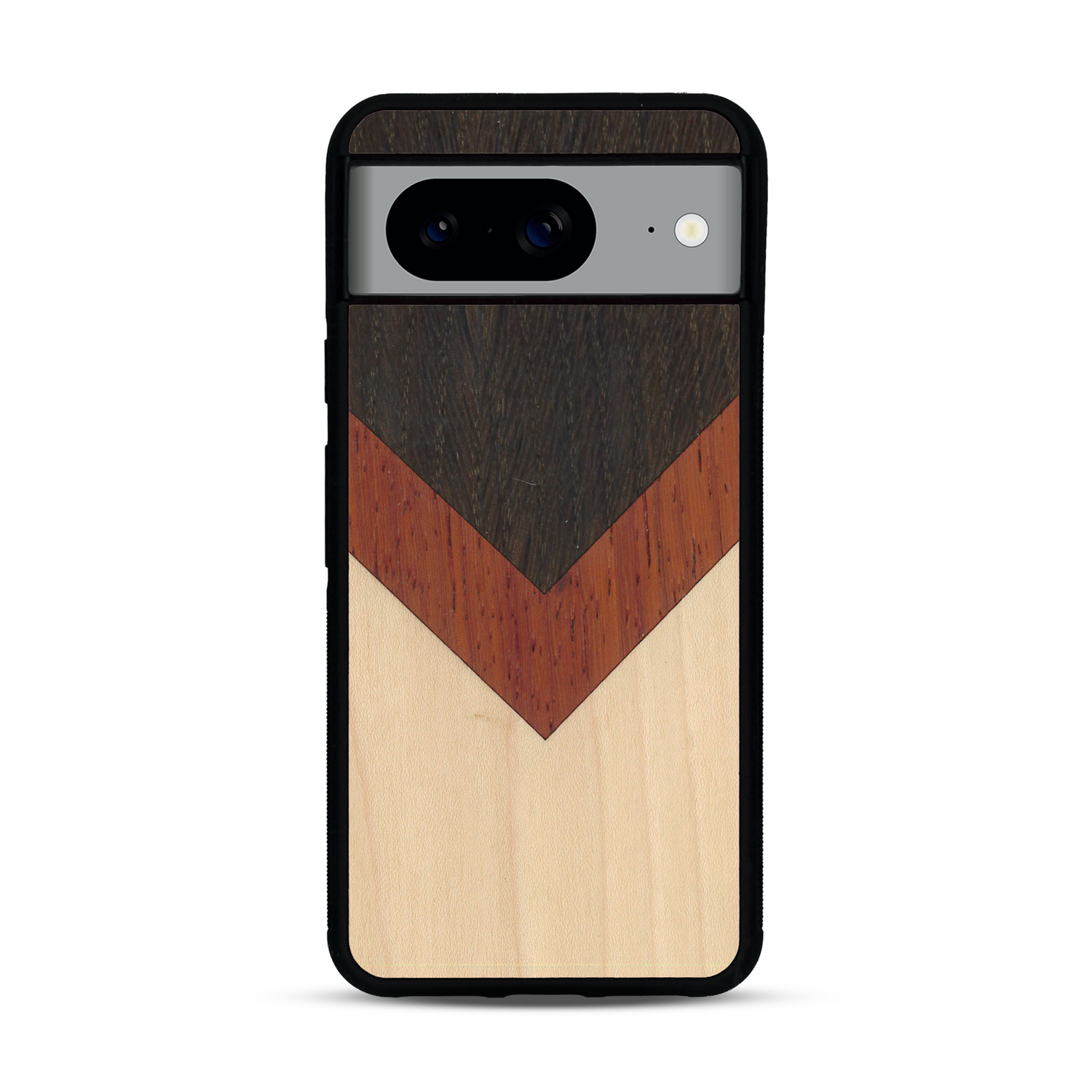 Coque de protection en bois véritable fabriquée en France pour  alliant du chêne fumé, du padouk et du bambou en forme de chevron sur le thème de l'art abstrait