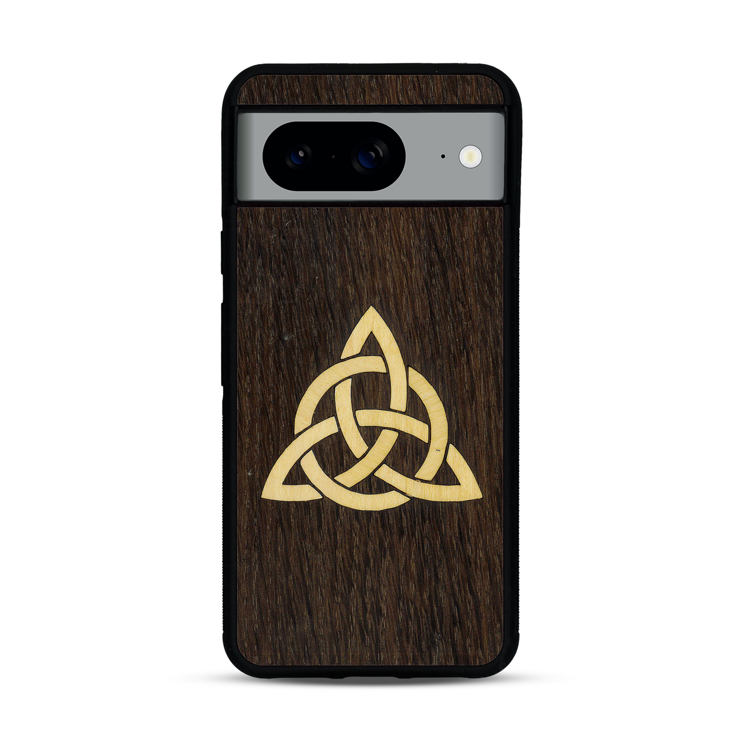 Coque de protection en bois véritable fabriquée en France pour  alliant du chêne fumé et du bambou représentant une triquetra
