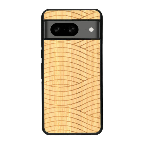 Coque de protection en bois véritable fabriquée en France pour Google Pixel 8 avec un motif moderne et minimaliste sur le thème waves et wavy représentant les vagues de l'océan