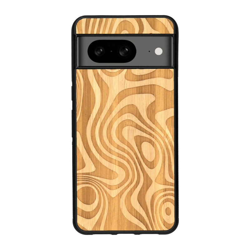 Coque de protection en bois véritable fabriquée en France pour Google Pixel 8 avec un motif abstrait représentant les mouvements de l'eau