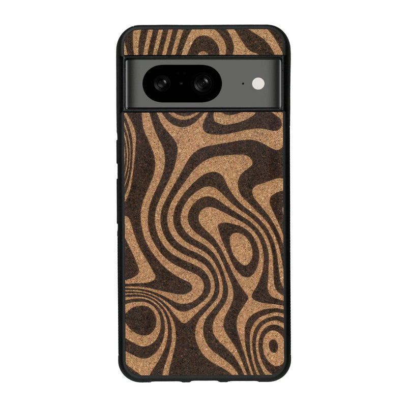 Coque de protection en bois véritable fabriquée en France pour Google Pixel 8 avec un motif abstrait représentant les mouvements de l'eau