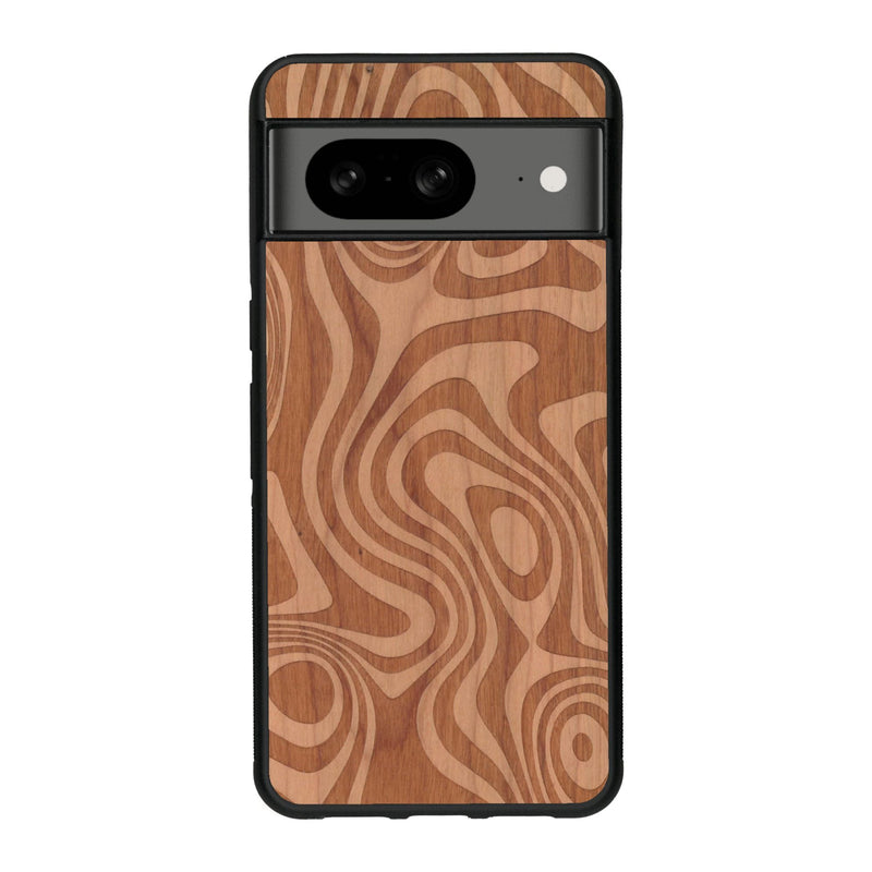 Coque de protection en bois véritable fabriquée en France pour Google Pixel 8 avec un motif abstrait représentant les mouvements de l'eau