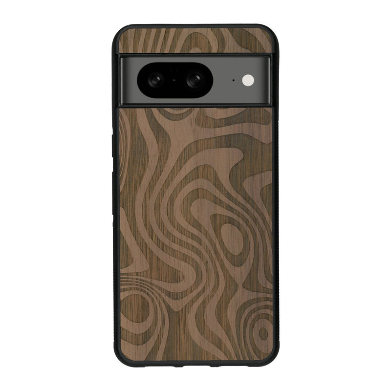 Coque de protection en bois véritable fabriquée en France pour Google Pixel 8 avec un motif abstrait représentant les mouvements de l'eau