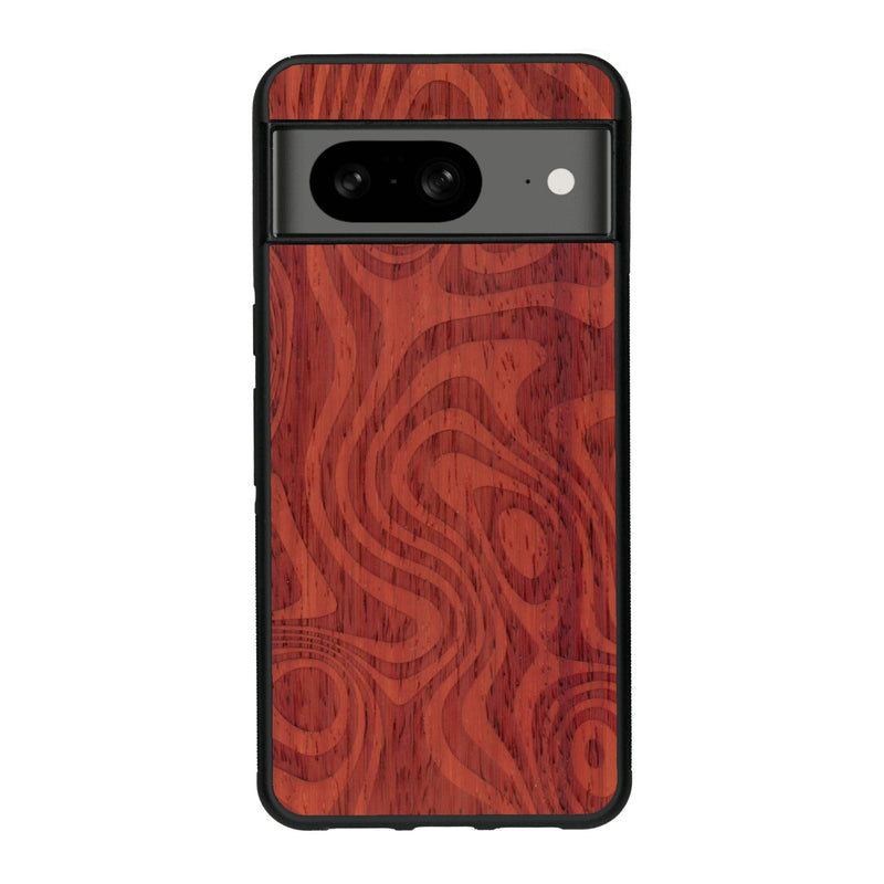 Coque de protection en bois véritable fabriquée en France pour Google Pixel 8 avec un motif abstrait représentant les mouvements de l'eau