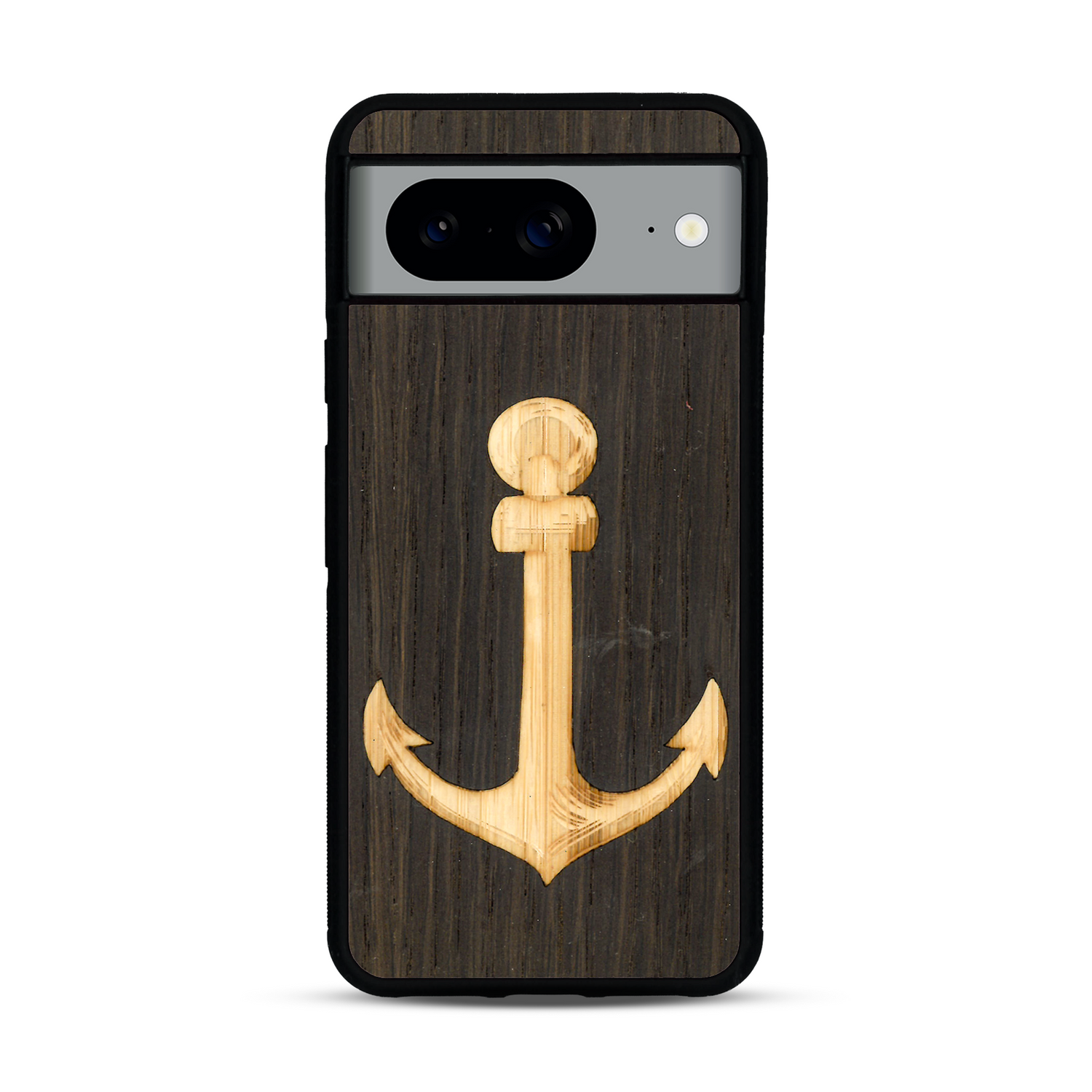 Coque de protection en bois véritable fabriquée en France pour  sur le thème nautique avec un bois clair et un bois foncé représentant une ancre de bateau