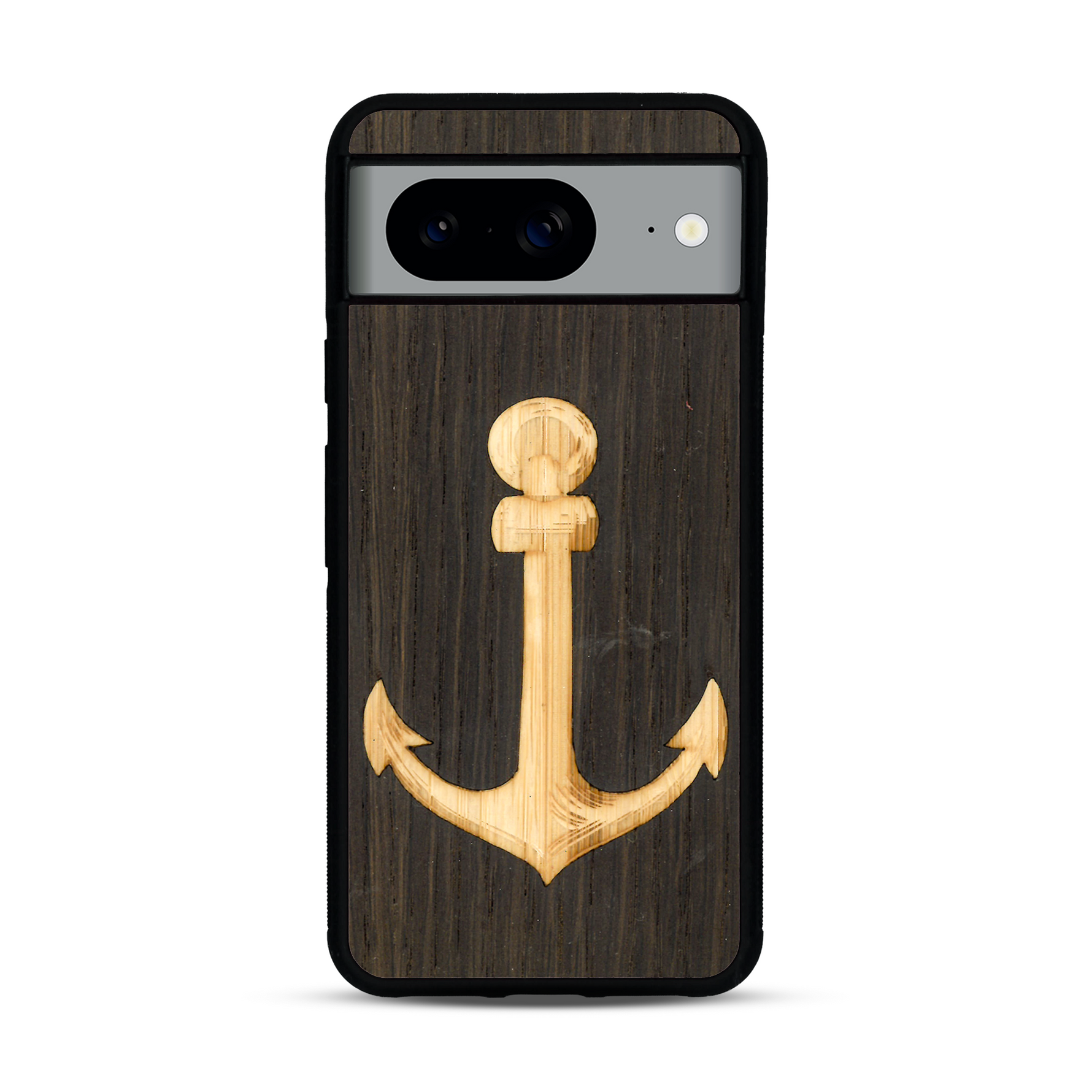 Coque de protection en bois véritable fabriquée en France pour  sur le thème nautique avec un bois clair et un bois foncé représentant une ancre de bateau