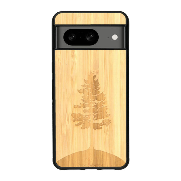 Coque de protection en bois véritable fabriquée en France pour Google Pixel 8 sur le thème de la nature, de la fôret et de l'écoresponsabilité avec une gravure représentant un arbre 