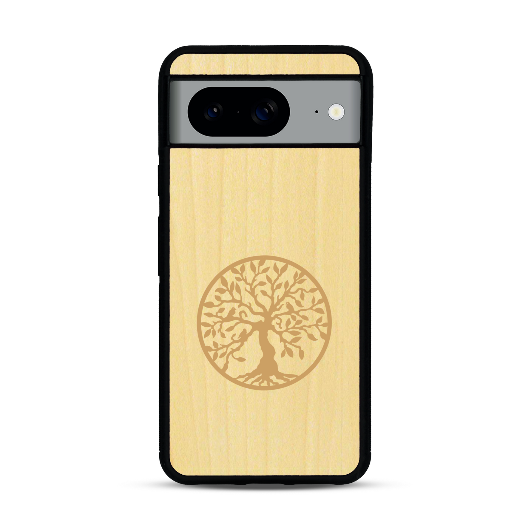 Coque de protection en bois véritable fabriquée en France pour  sur le thème de la spiritualité et du yoga avec une gravure zen représentant un arbre de vie
