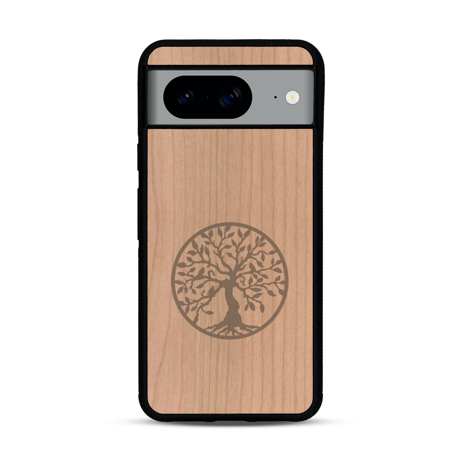 Coque de protection en bois véritable fabriquée en France pour  sur le thème de la spiritualité et du yoga avec une gravure zen représentant un arbre de vie