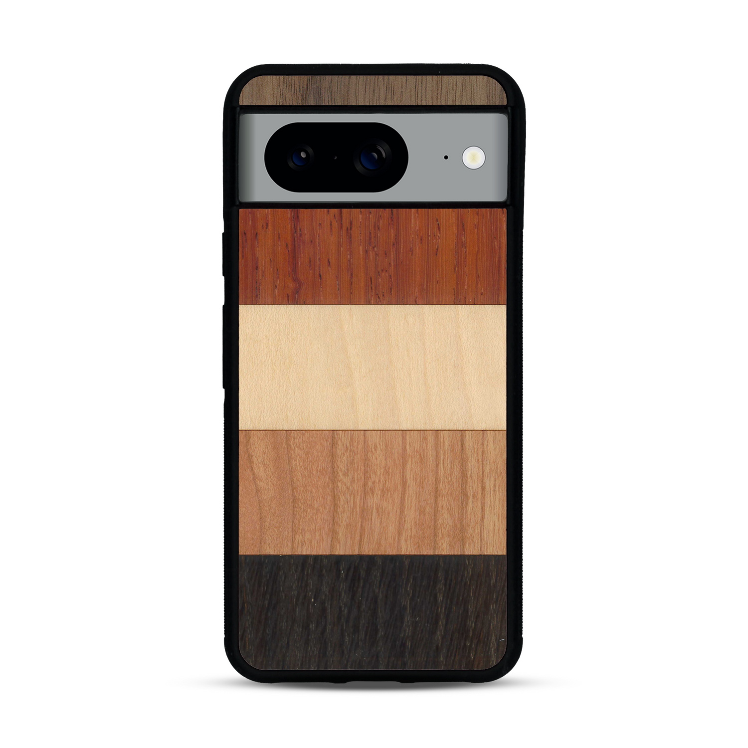 Coque de protection en bois véritable fabriquée en France pour  alliant des bandes horizontales de bambou, merisier, padouk, noyer et chêne fumé