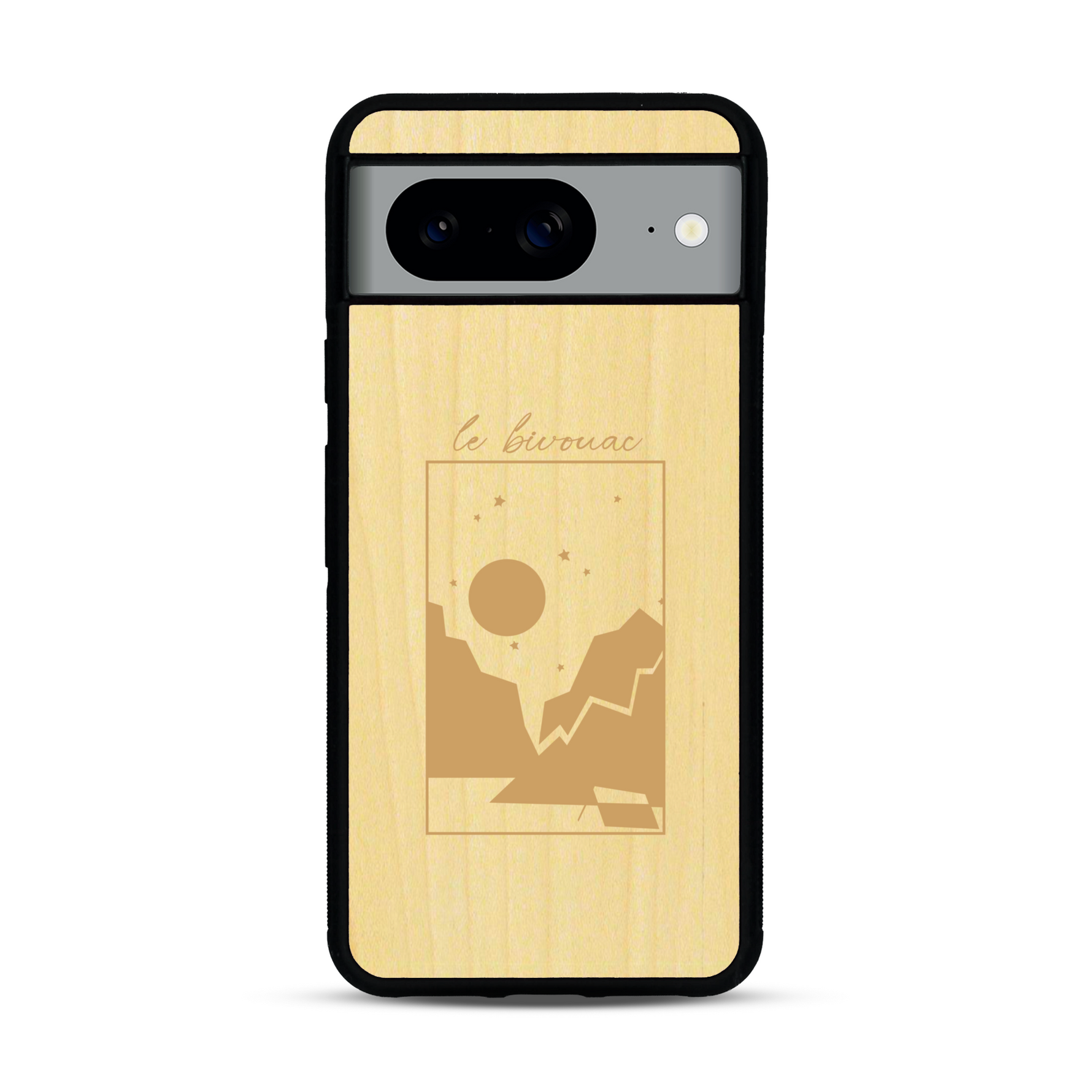 Coque de protection en bois véritable fabriquée en France pour  sur le thème du camping en pleine nature et du bivouac avec la phrase "Aventure is out there"