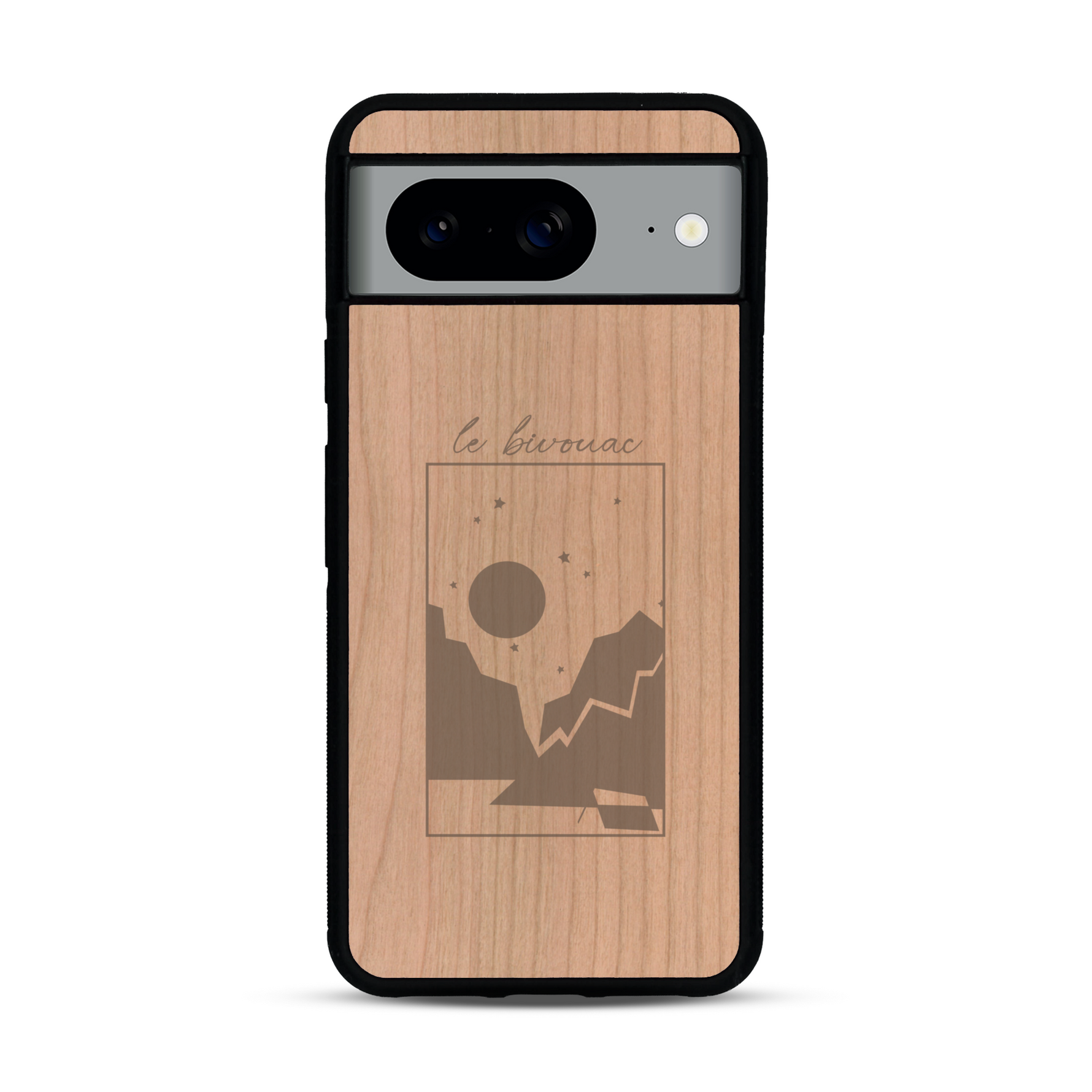 Coque de protection en bois véritable fabriquée en France pour  sur le thème du camping en pleine nature et du bivouac avec la phrase "Aventure is out there"