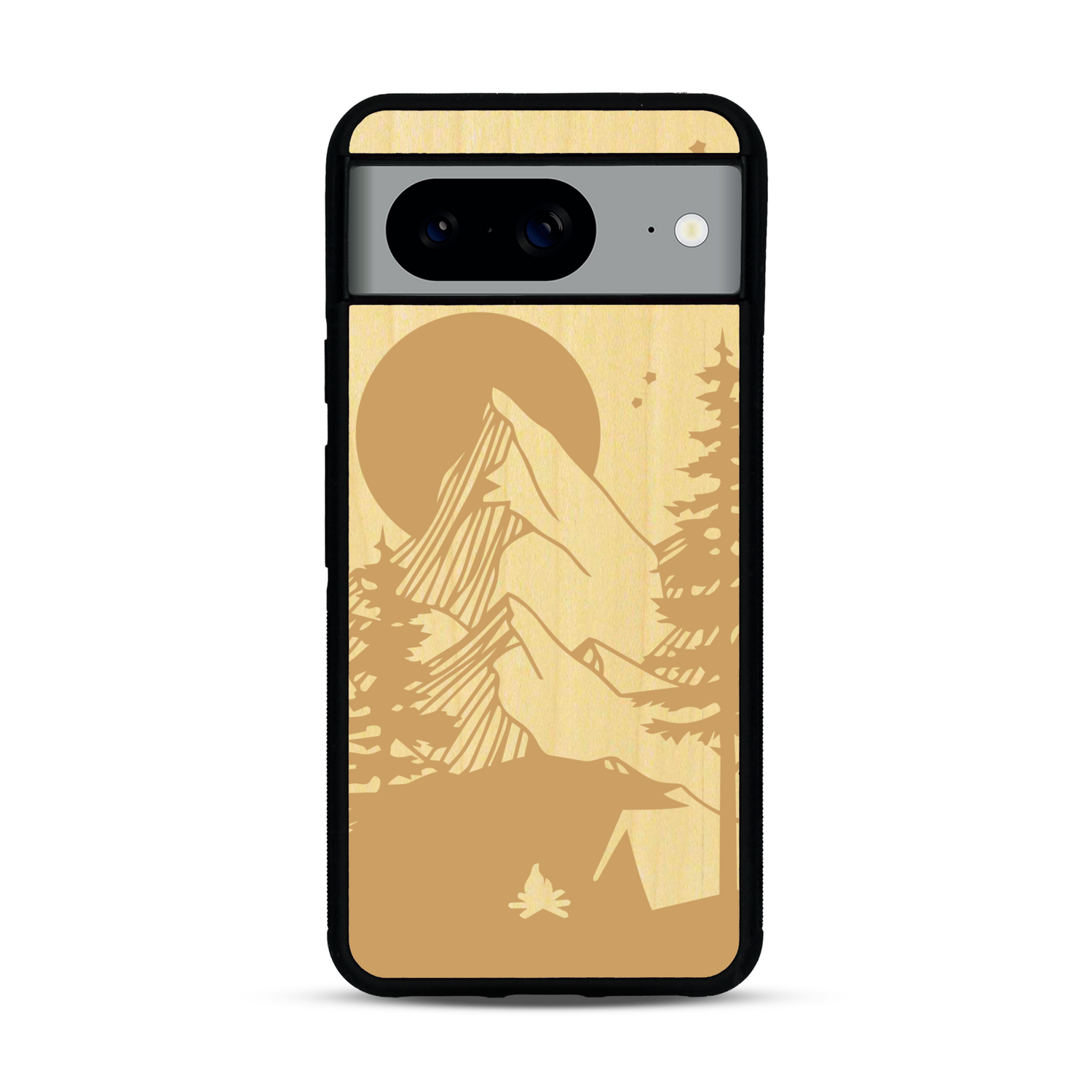Coque de protection en bois véritable fabriquée en France pour  sur le thème du camping en pleine nature représentant une tente avec un feu de camp entouré de montagnes